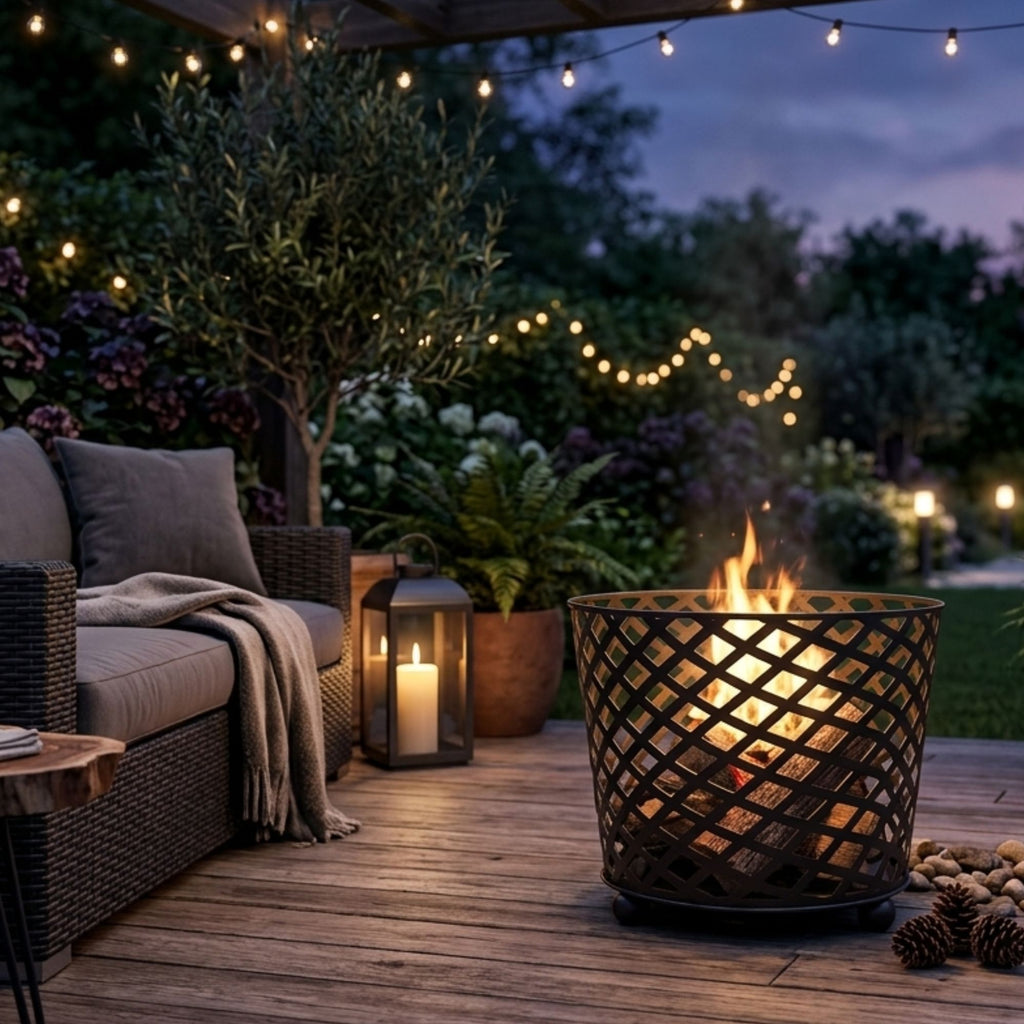 Ignite 38cm Black Steel Firepit/Planter/Wood Basket, Mesh Construction