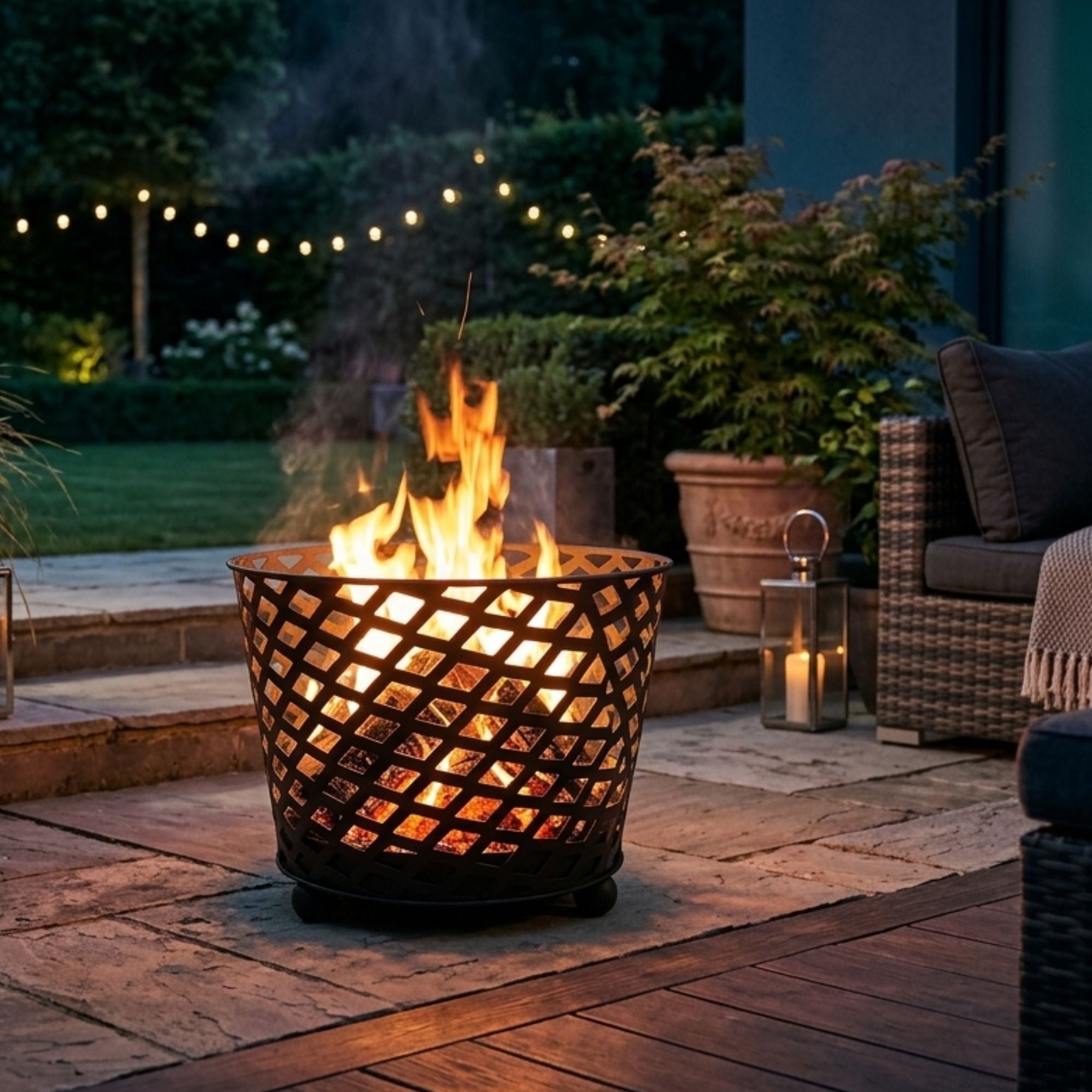 Ignite 38cm Black Steel Firepit/Planter/Wood Basket, Mesh Construction
