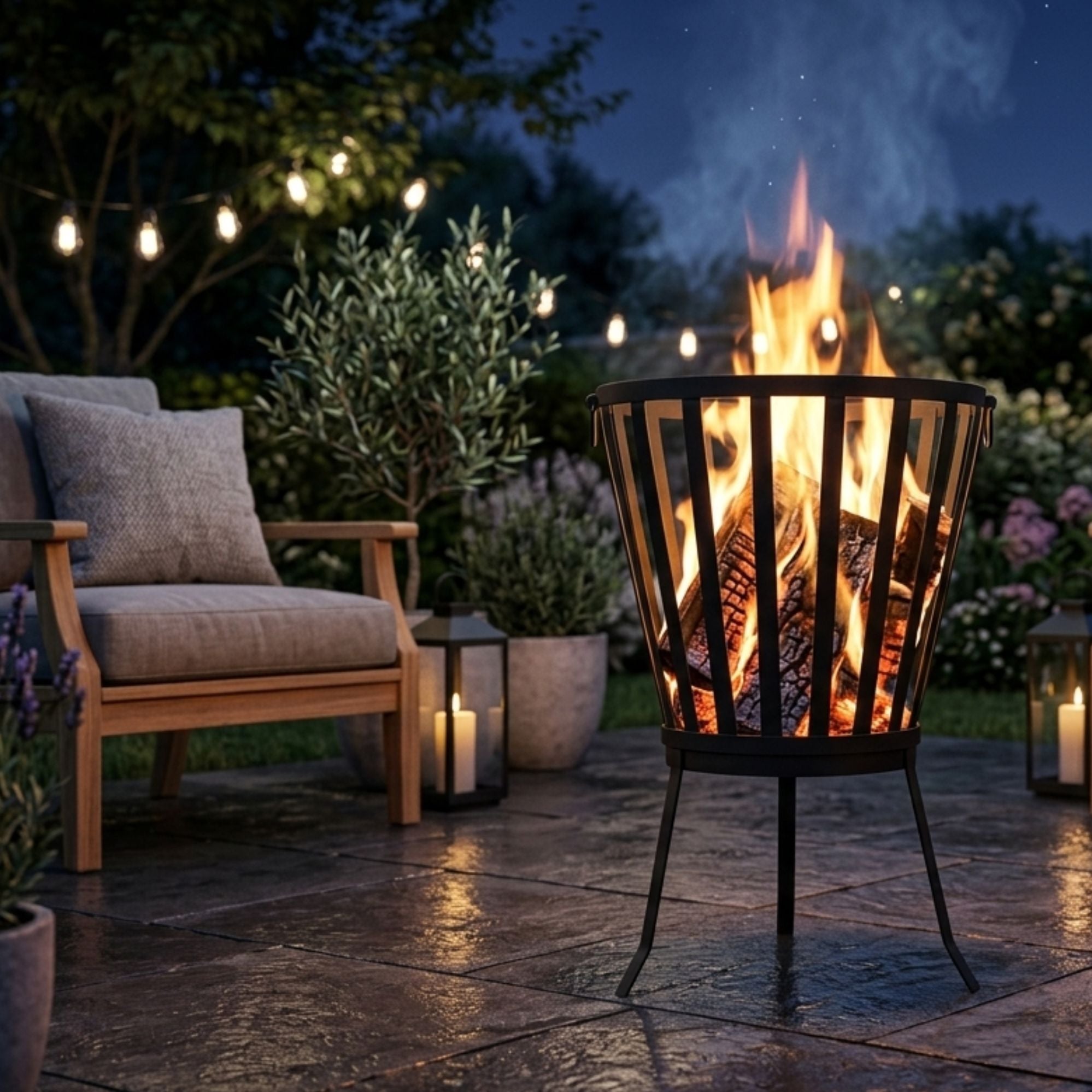 Ignite 58cm Black Steel Portable Firepit/Planter/Wood Storage Basket with Legs