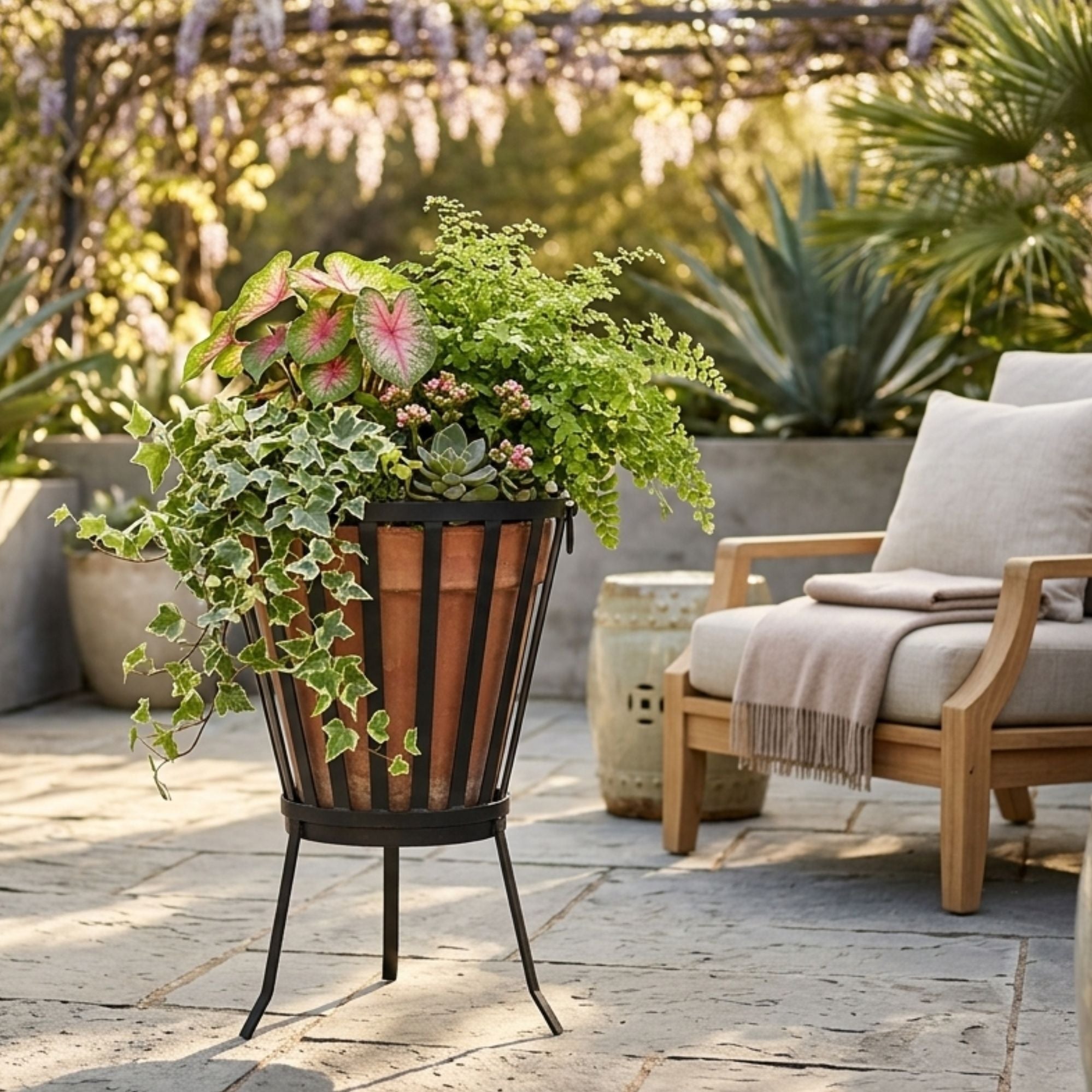 Ignite 58cm Black Steel Portable Firepit/Planter/Wood Storage Basket with Legs