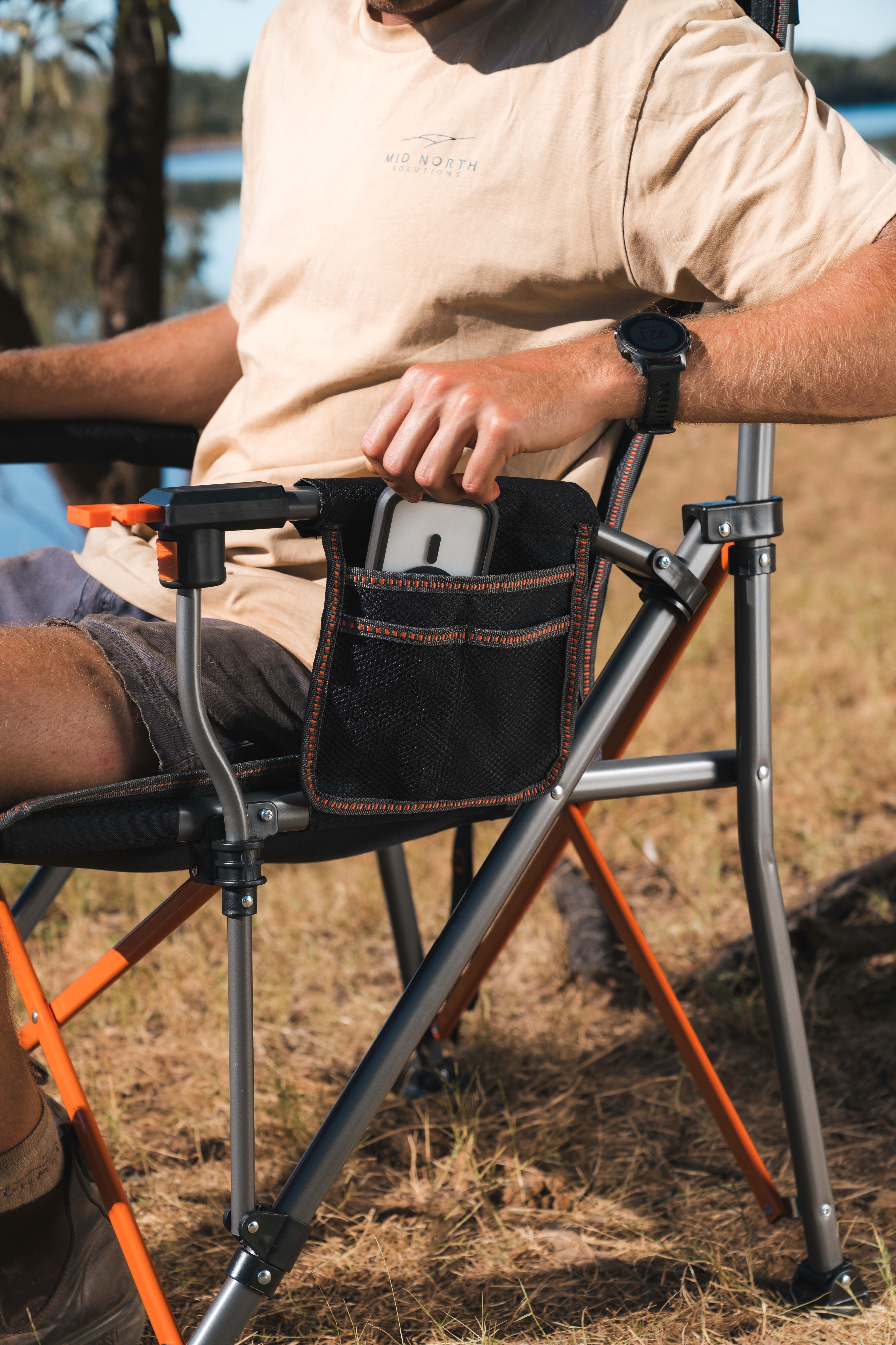 WILDTRAK™ Cheynes Solid Arm Chair with High Back, Fully Cushioned, Wine Glass Holders, Drink Holder, Media Pocket, Self-Levelling Feet for Camping & Events, Weight Rated 200kg, Zipped Storage Pocket for Carry Bag with Shoulder Strap