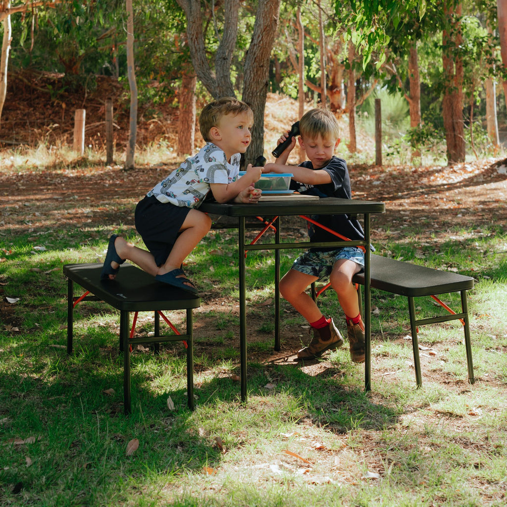 Wildtrak 3pc Picnic Table & Bench Set, Vacuum Moulded, Folds Flat, 102 x 61 x 70cm