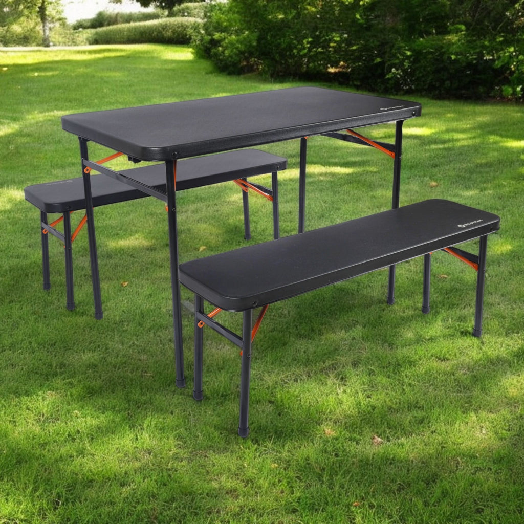 Wildtrak 3pc Picnic Table & Bench Set, Vacuum Moulded, Folds Flat, 102 x 61 x 70cm