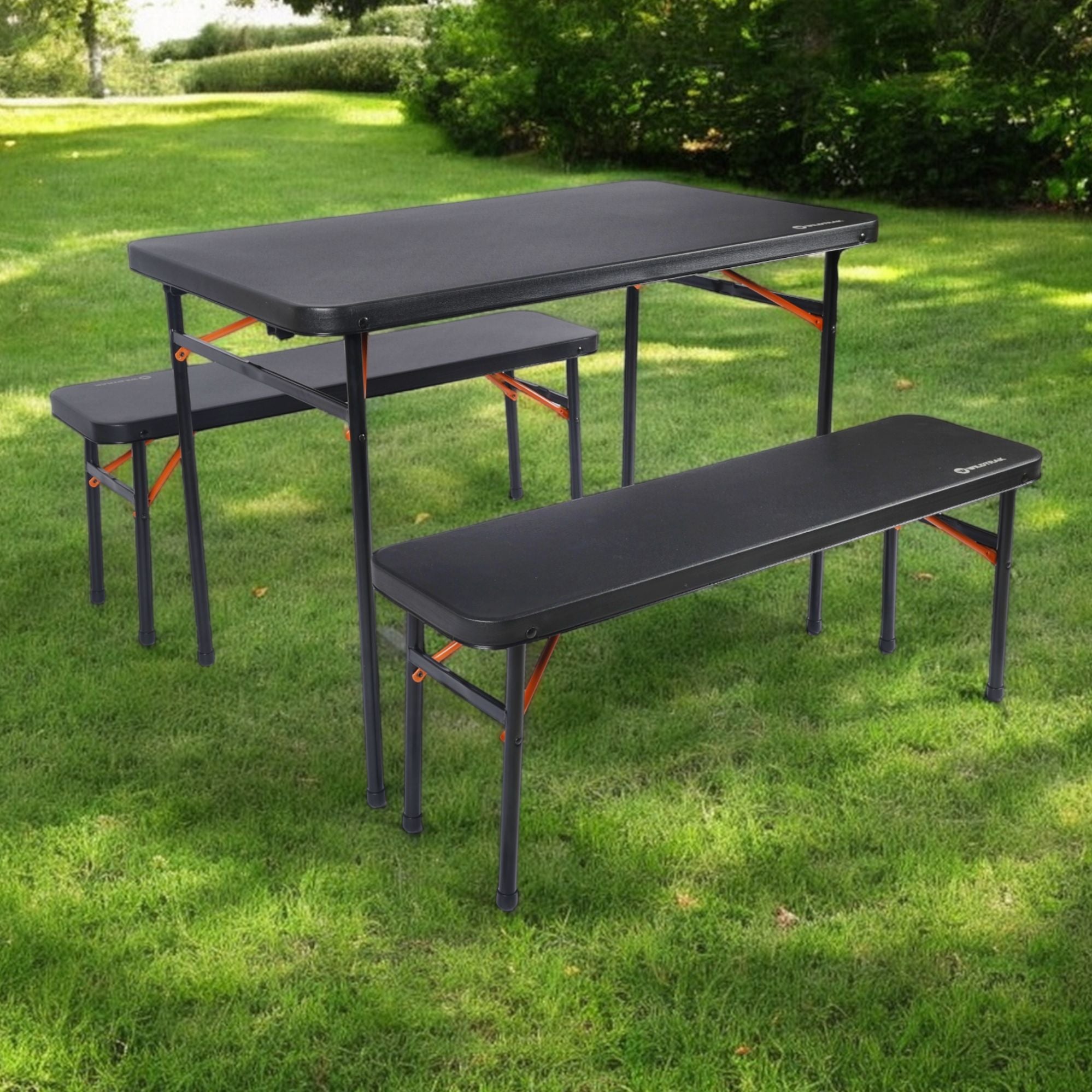 Wildtrak 3pc Picnic Table & Bench Set, Vacuum Moulded, Folds Flat, 102 x 61 x 70cm