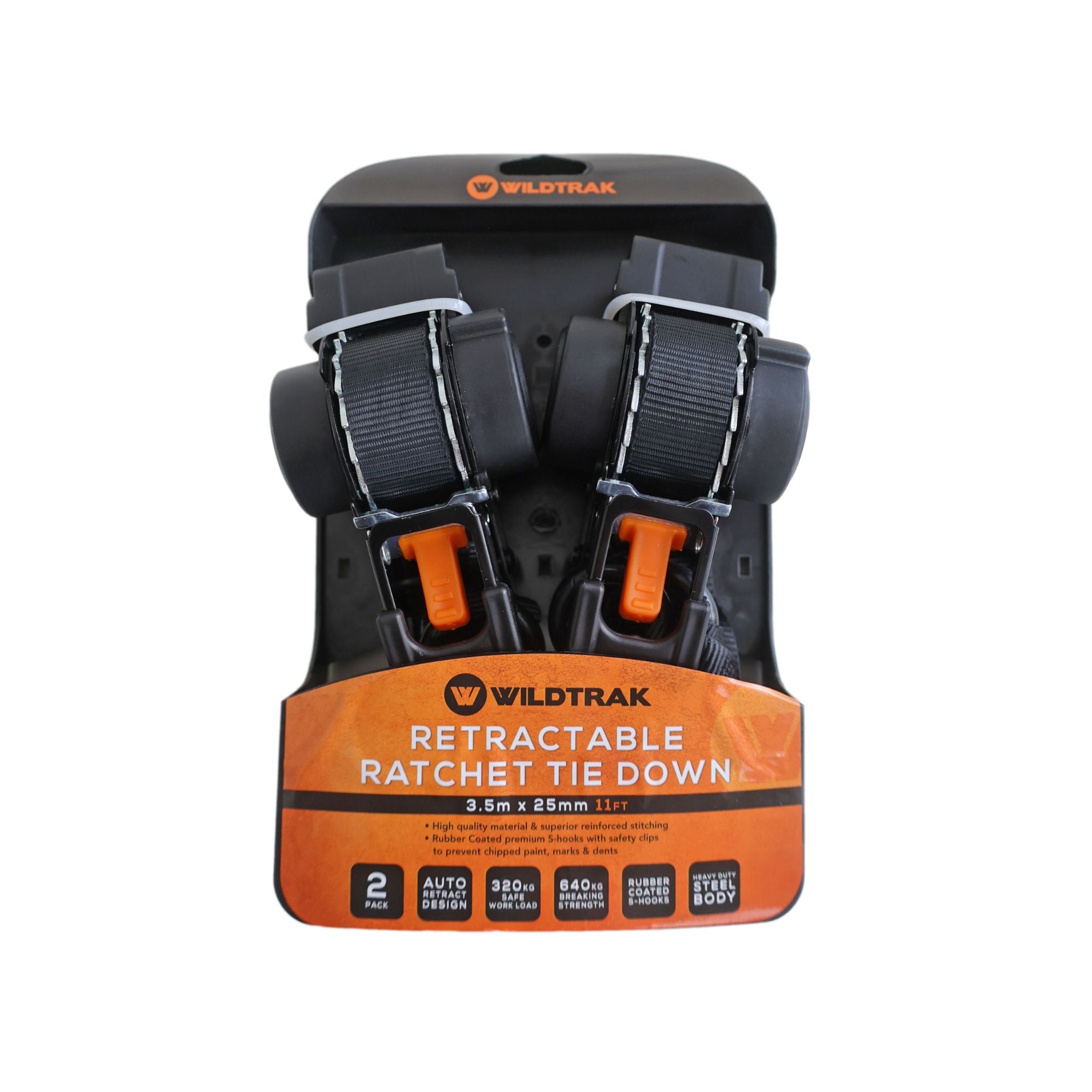 Wildtrak 2Pk Heavy-duty Retractable Ratchet Tie Down Strap 3.5m x 25mm (11ft)