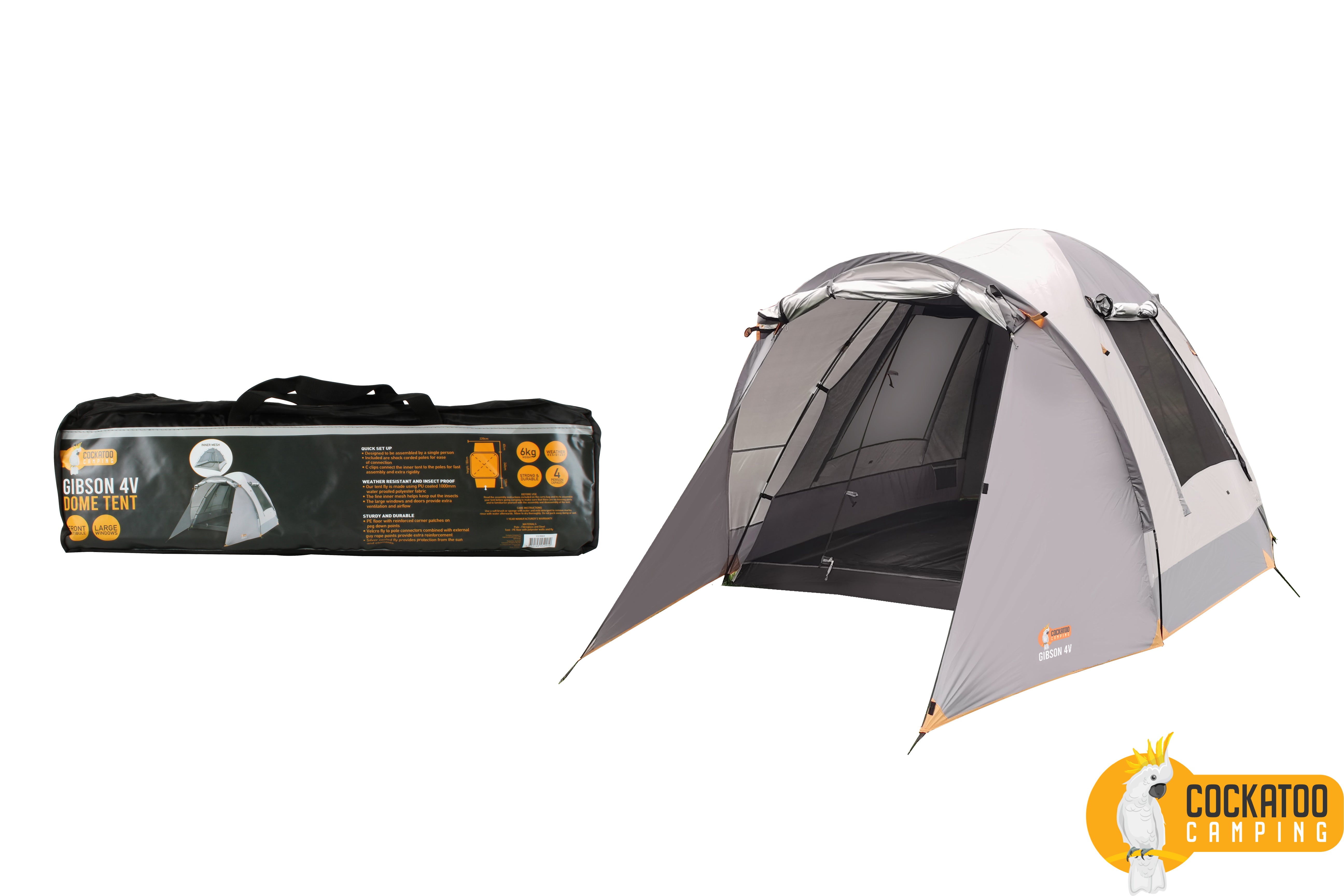 Cockatoo Camping™ 6Person Dome Tent, Ultrafine Inner Mesh, PU Silver Coated 1000mm Waterproof Fly, Large Windows, Includes Carry Bag with Handles (280x305cm with Vestibule Front & Rear)