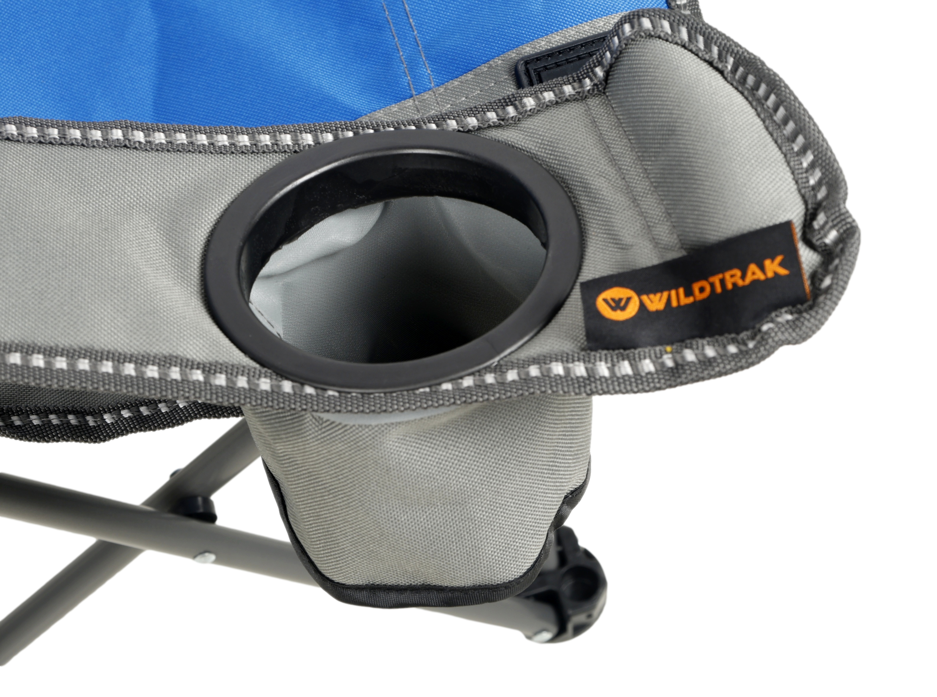 WILDTRAK™ KIDS Blue/Grey Foldable Camp Chair, Easy Clean Fabric, Drink Holder, Weight Rated 100kg, Carry Bag with Shoulder Strap