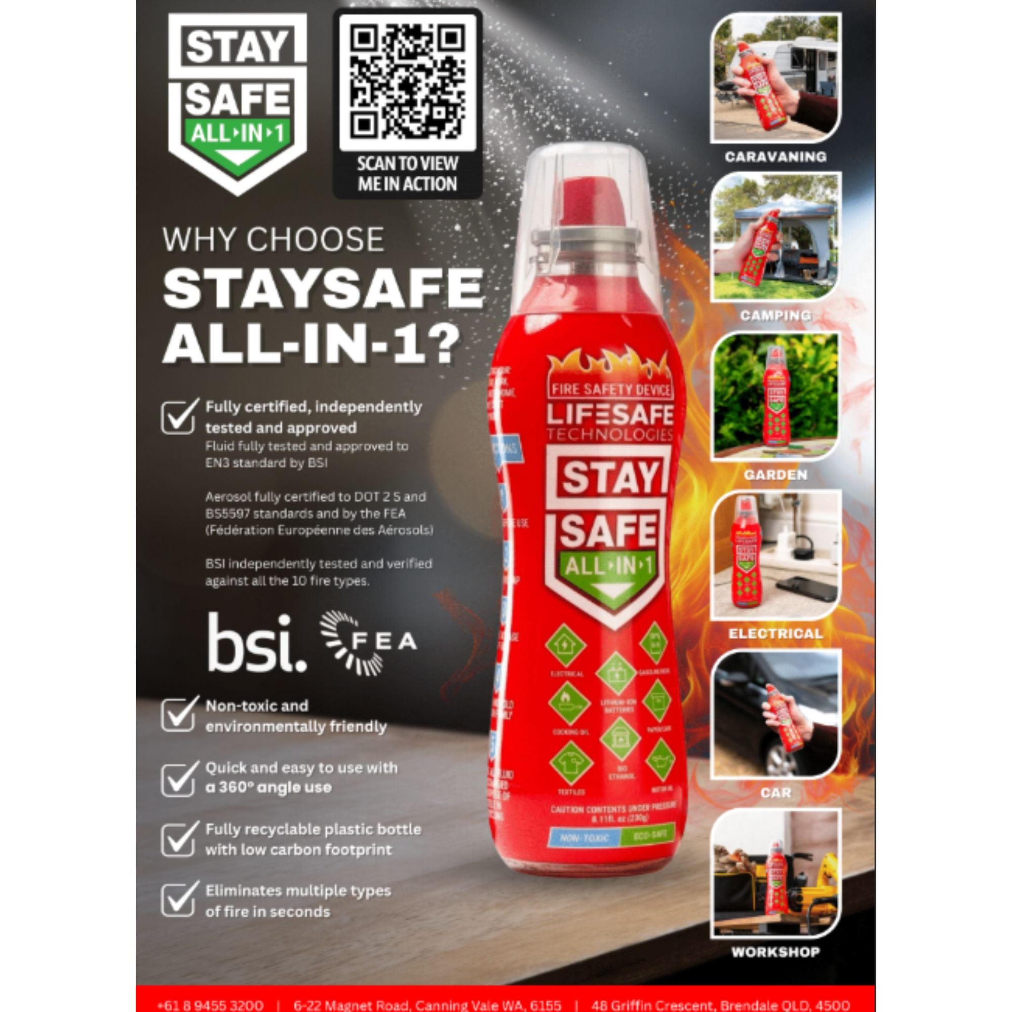 Stay Safe All in 1 Fire Safety Device / Handheld Fire Extinguisher 210g