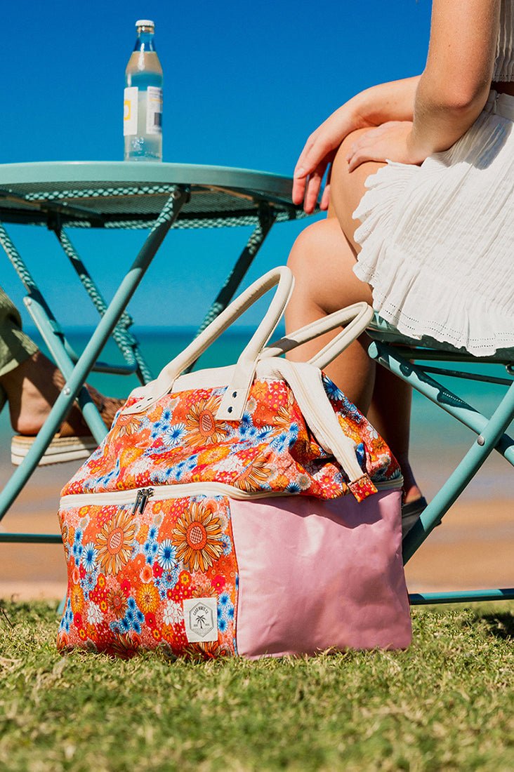Retro Summer Premium Insulated Picnic Cooler Bag, Carry Handles, 2 Separate Compartments, Holds 24+ Cans