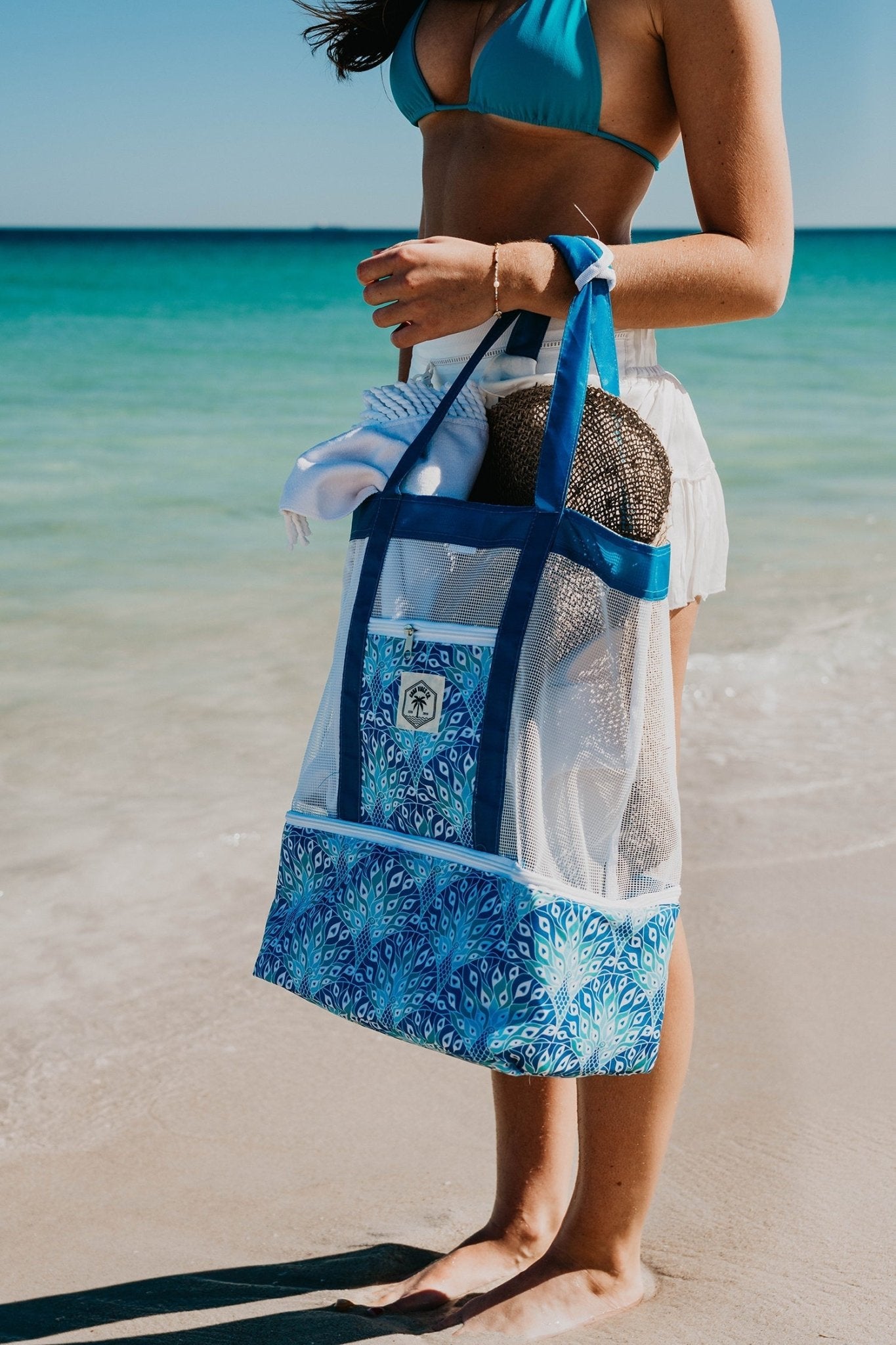 Peacock Paradise 2 in 1 Insulated Beach Cooler Bag, 2 Compartments, Mesh Top, Zipped Pocket