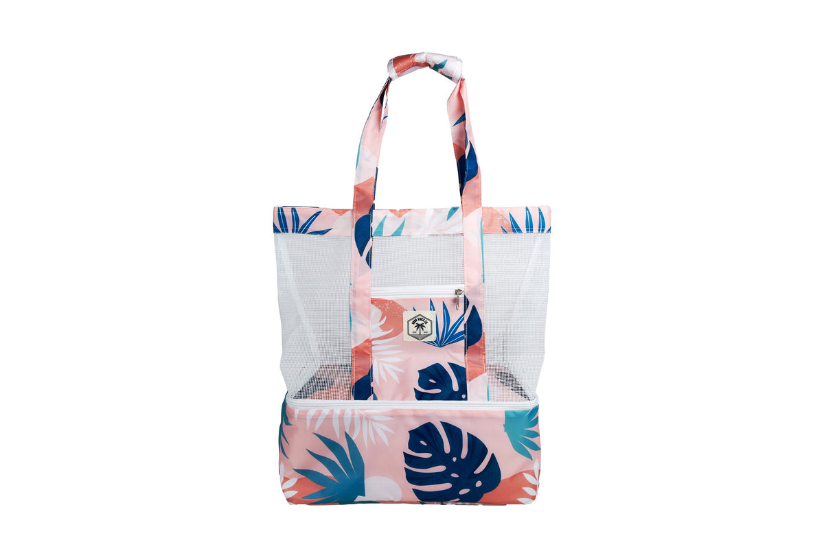 Blush Palm 2 in 1 Insulated Beach Cooler Bag, 2 Compartments, Mesh Top, Zipped Pocket