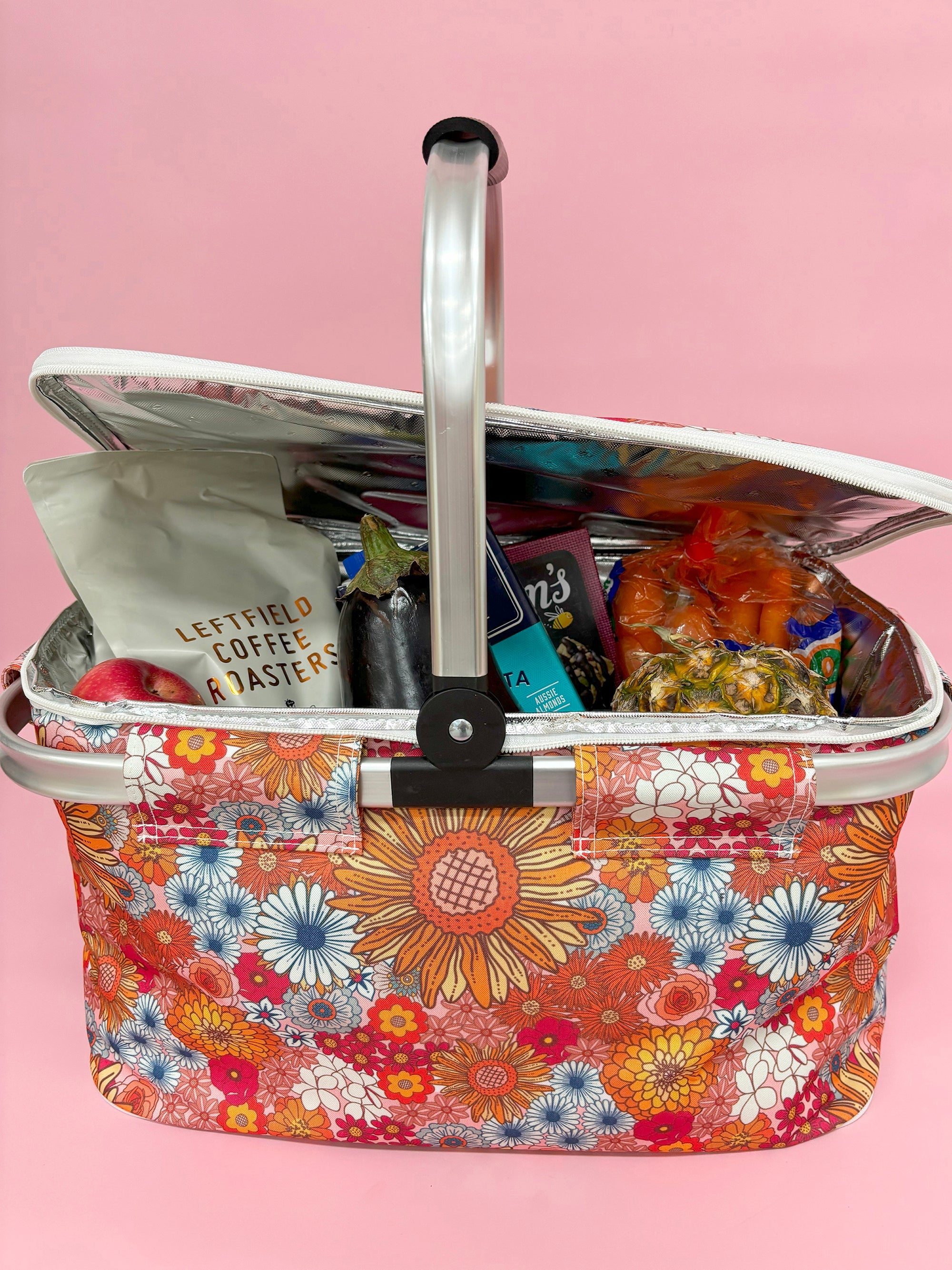 Good Vibes™ Insulated Market Cooler Bag, Aluminium Frame, Fully Zipped, Collapsible - Retro Summer