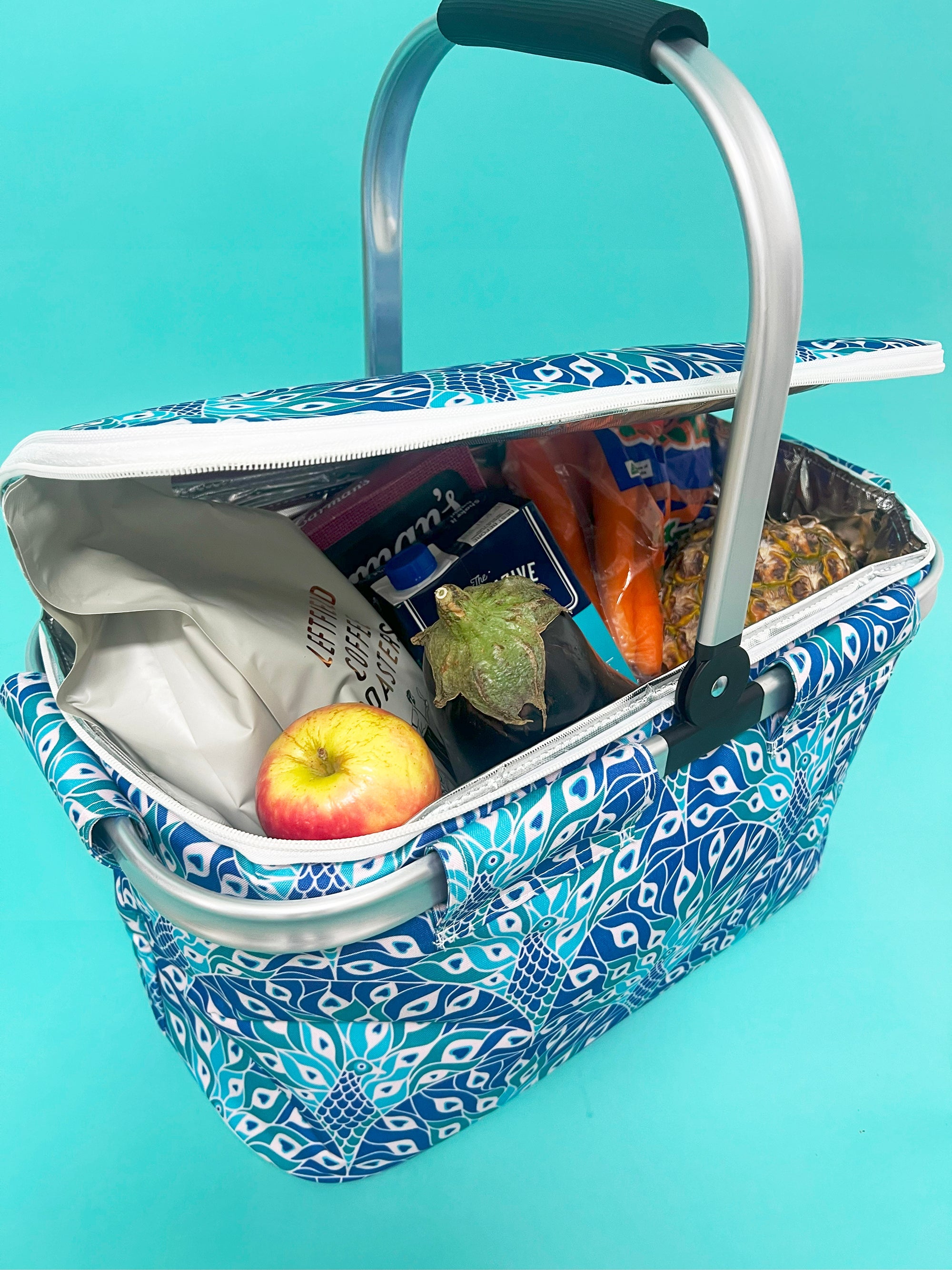 Good Vibes™ Insulated Market Cooler Bag, Aluminium Frame, Fully Zipped, Collapsible - Peacock Paradise