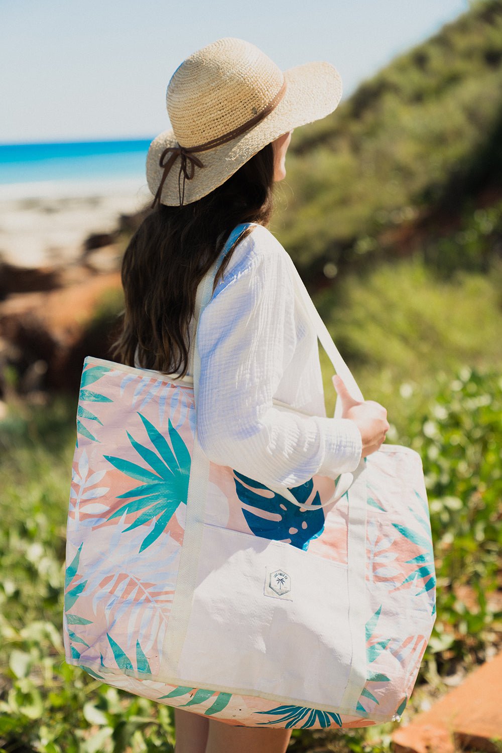 Blush Palm Jumbo Shopping Tote Beach Bag, Dual Handle, Waterproof & Lightweight