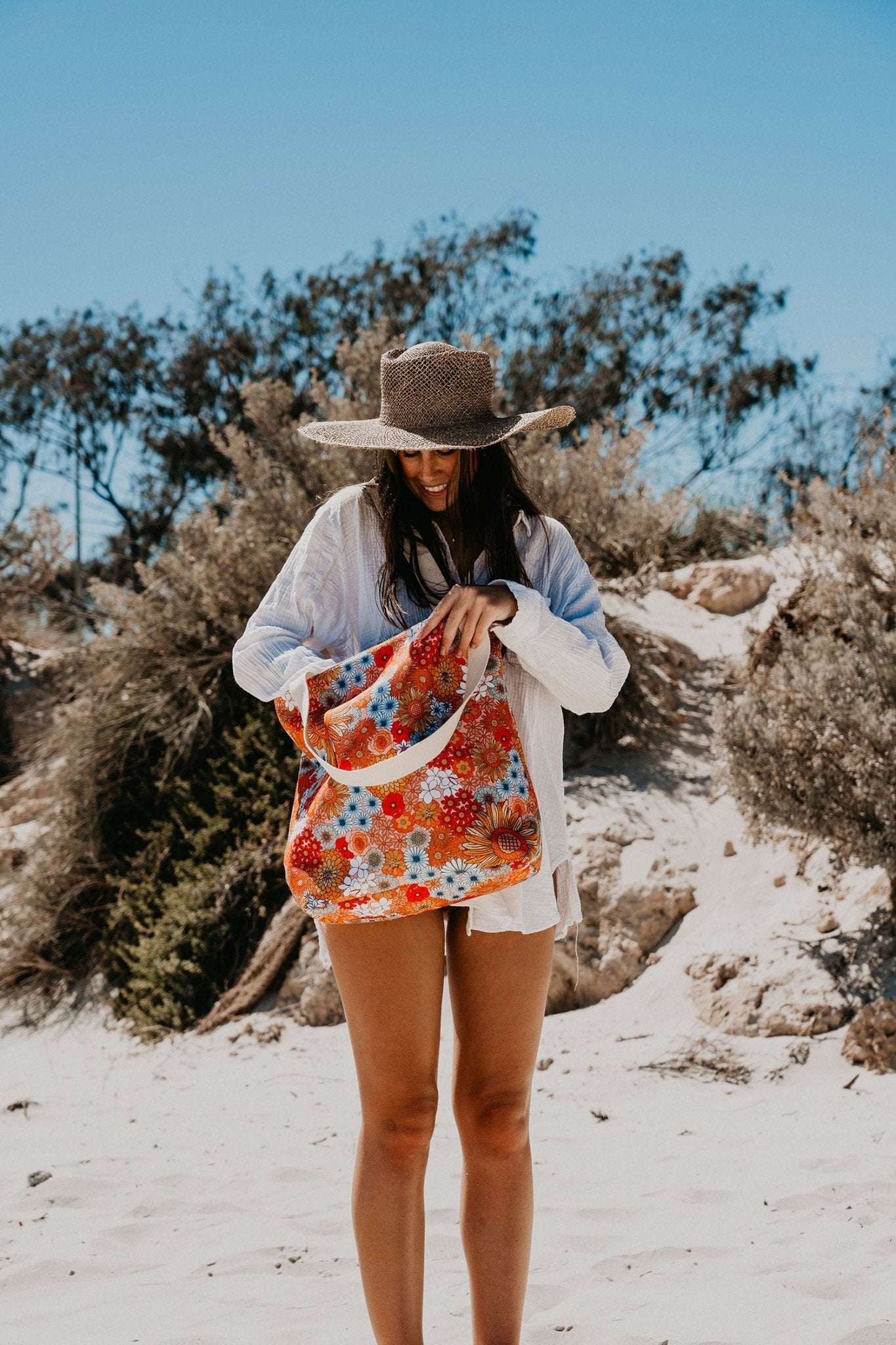 Retro Summer Beach Shopping Bag, Inner Pocket, Carry Handles