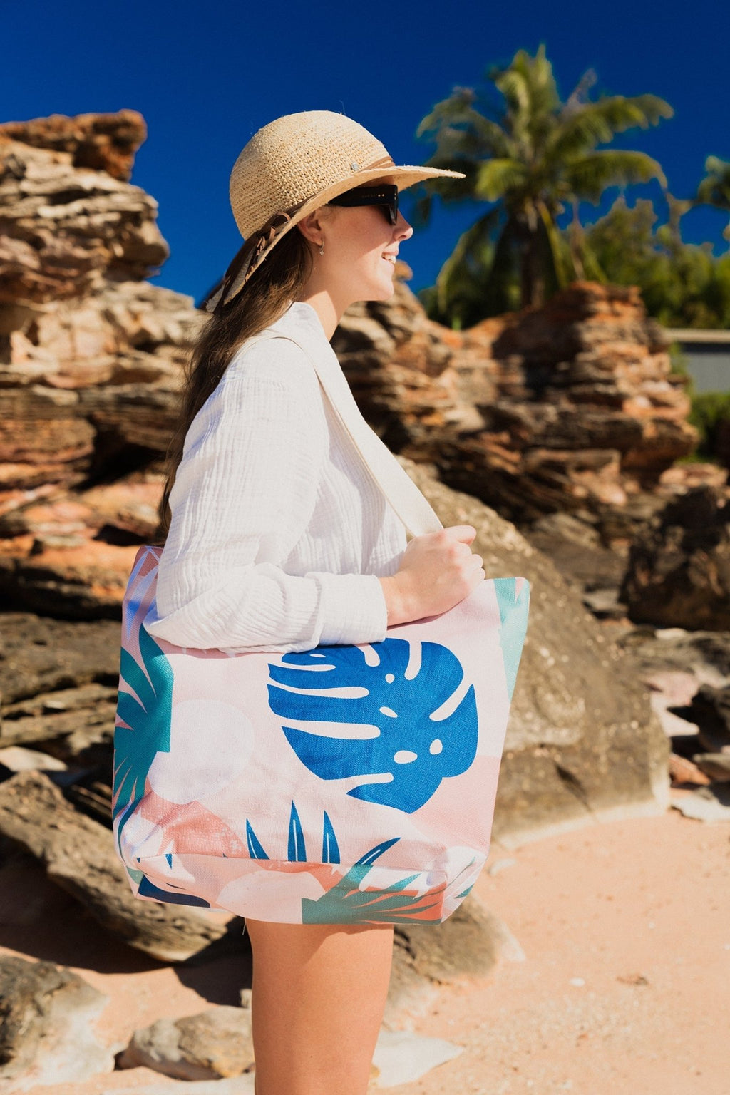 Blush Palm Beach Shopping Bag, Inner Pocket, Carry Handles