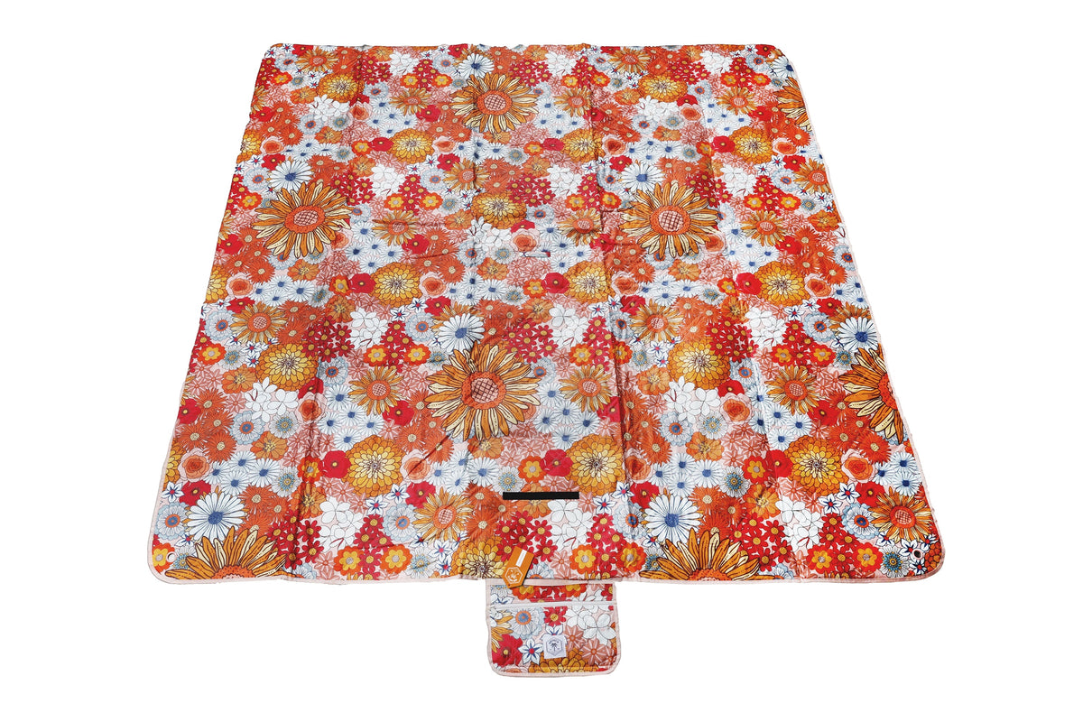 Retro Summer Premium Picnic Mat Blanket, 2x2m, Waterproof Base, Carry Strap, Storage Pocket, 4 Ground Pegs