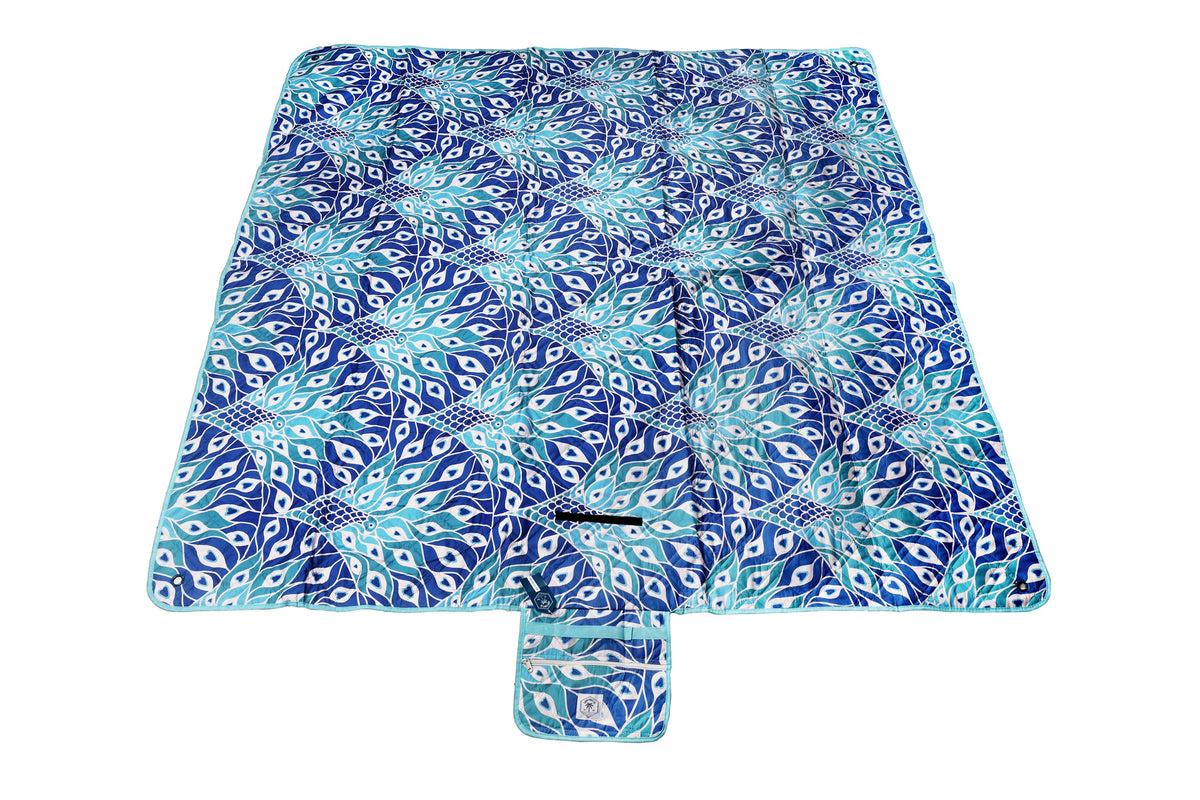 Peacock Paradise Premium Picnic Mat Blanket, 2x2m ,Waterproof Base, Carry Strap, Storage Pocket, 4 Ground Pegs