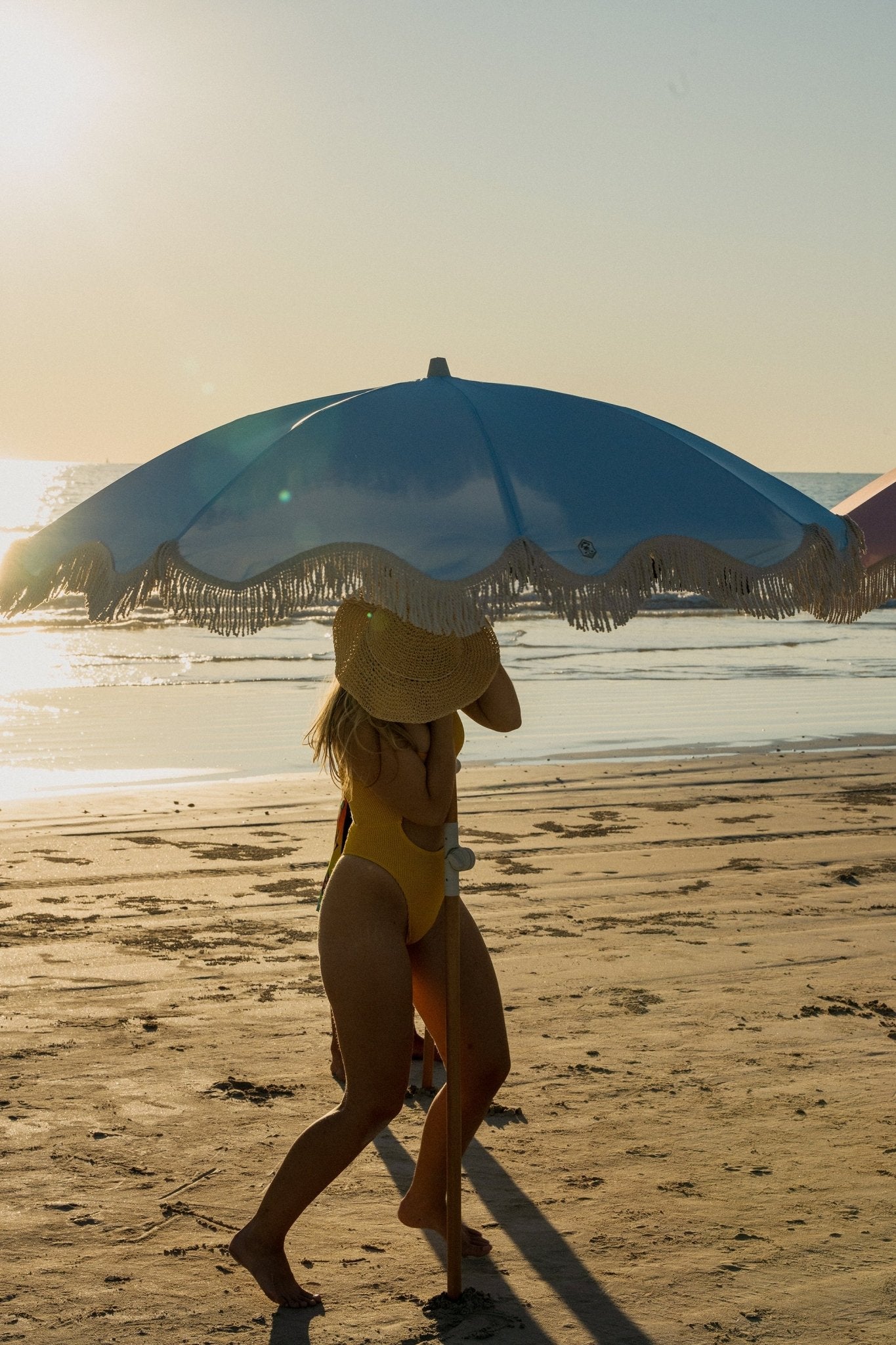 Bay Blue 1.75m Premium 100% Canvas Beach Umbrella, UV50+, Wood Pole, Cotton Tassels, Tilting Mechanism, Sand Screw