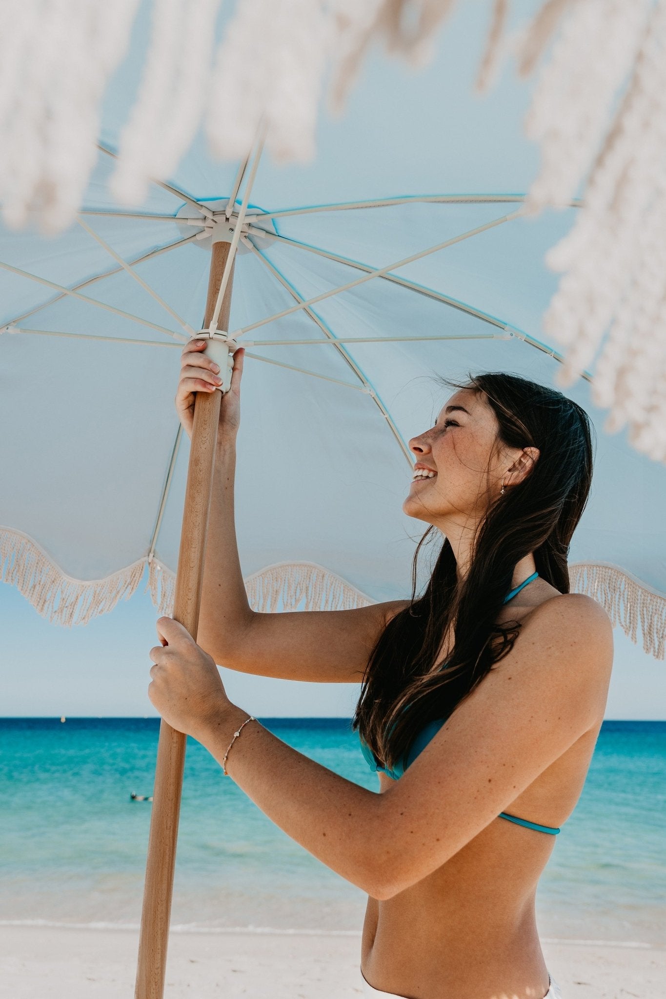 Peacock Paradise 1.75m Premium 100% Canvas Beach Umbrella, UV50+, Wood Pole, Cotton Tassels, Tilting Mechanism, Sand Screw