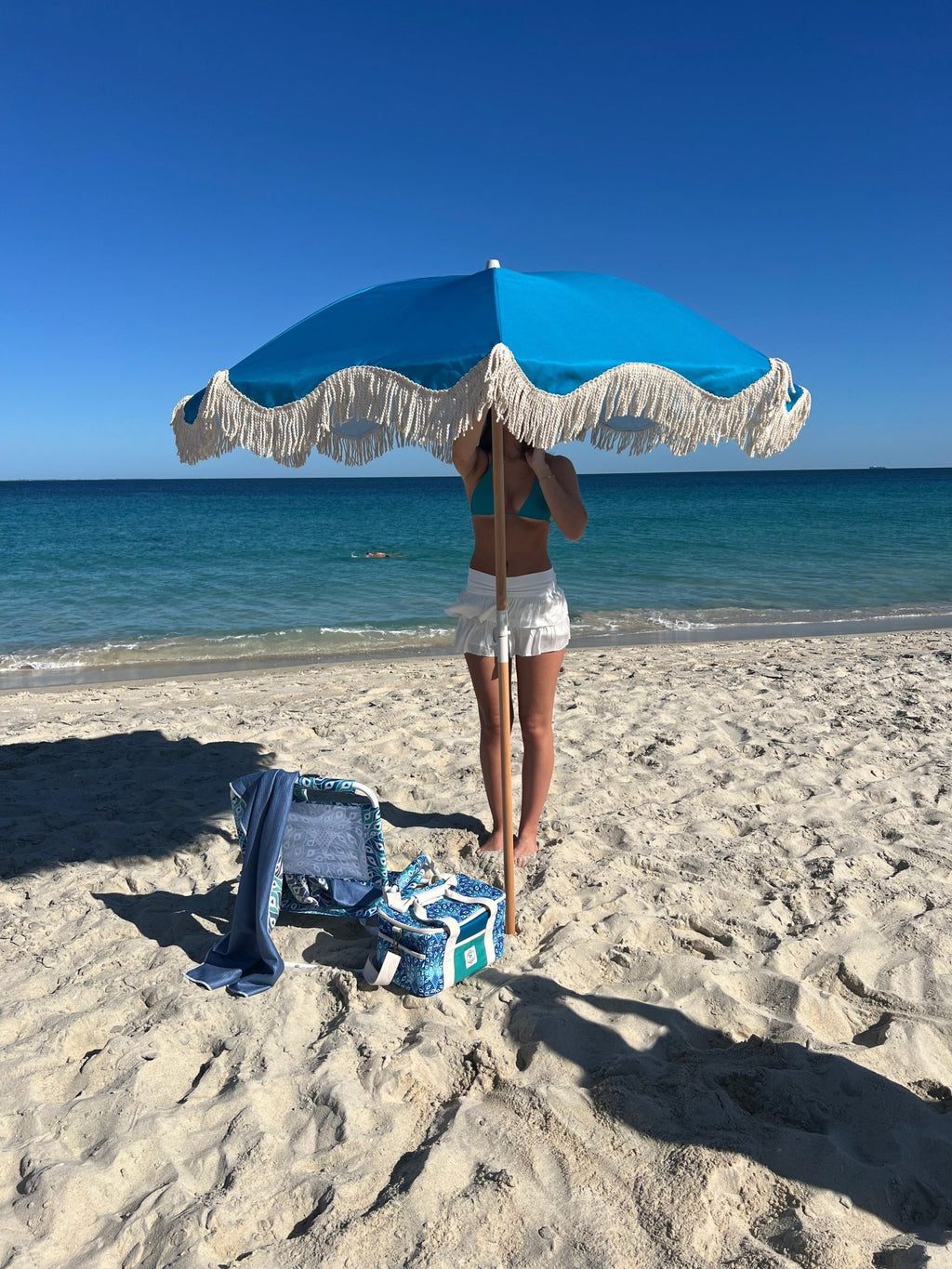 Peacock Paradise 1.75m Premium 100% Canvas Beach Umbrella, UV50+, Wood Pole, Cotton Tassels, Tilting Mechanism, Sand Screw