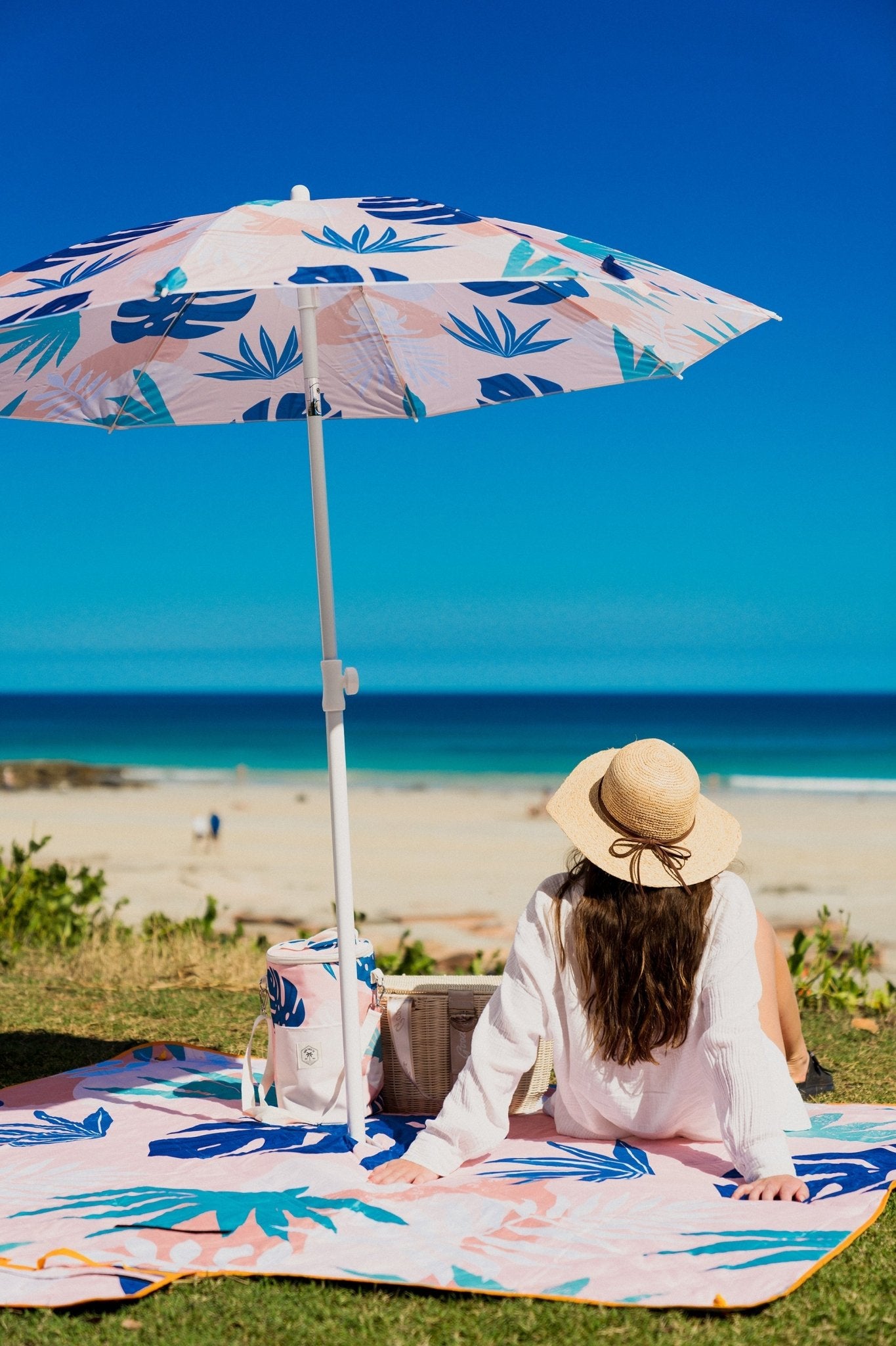 Blush Palm Premium Picnic Mat Blanket, 2x2m, Waterproof Base, Carry Strap, Storage Pocket, 4 Ground Pegs