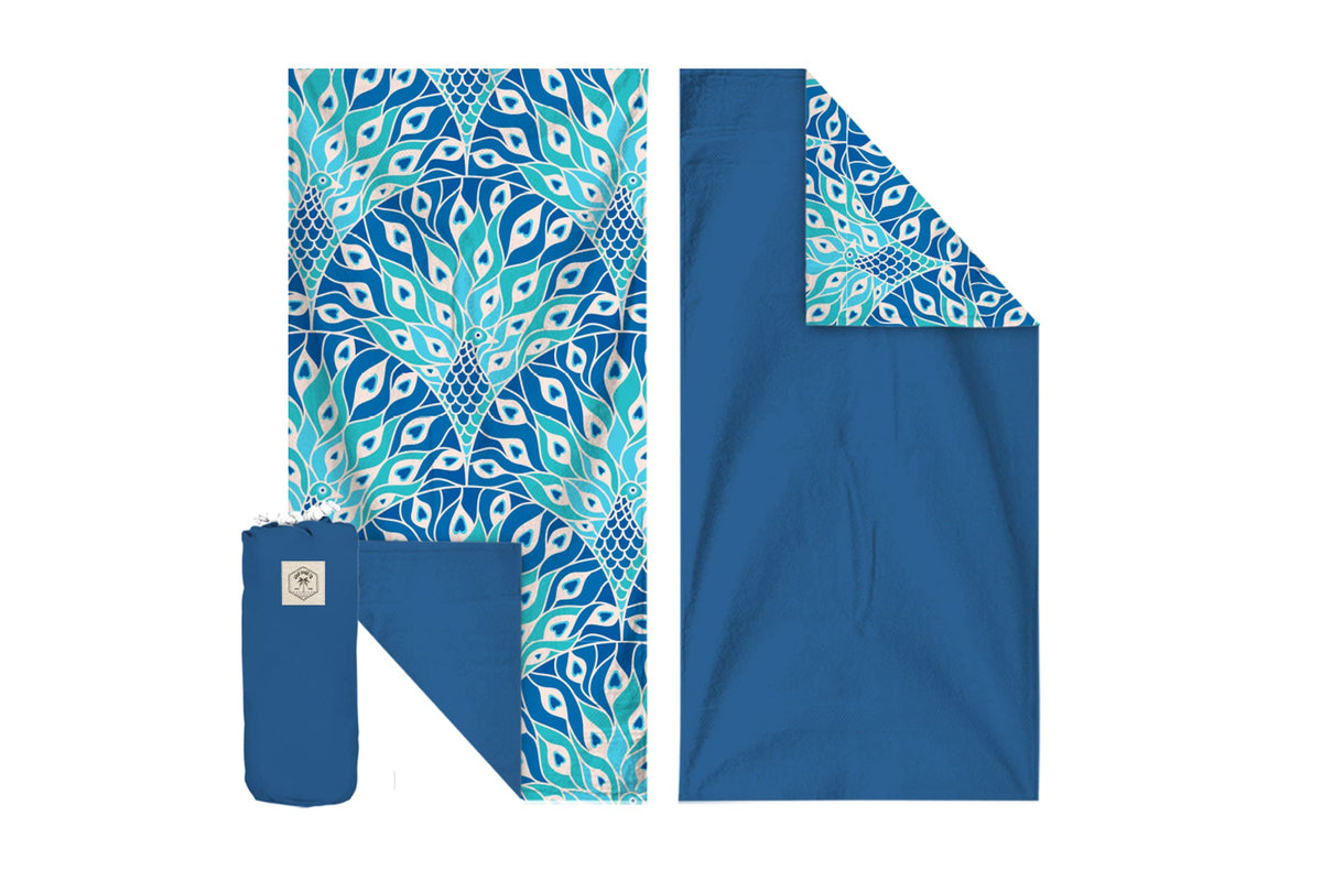 Peacock Paradise 160cm Premium Waffle Beach Towel with Storage Bag, Double Sided, Eco Friendly, Sand Free, Quick Dry, Ultra Absorbent