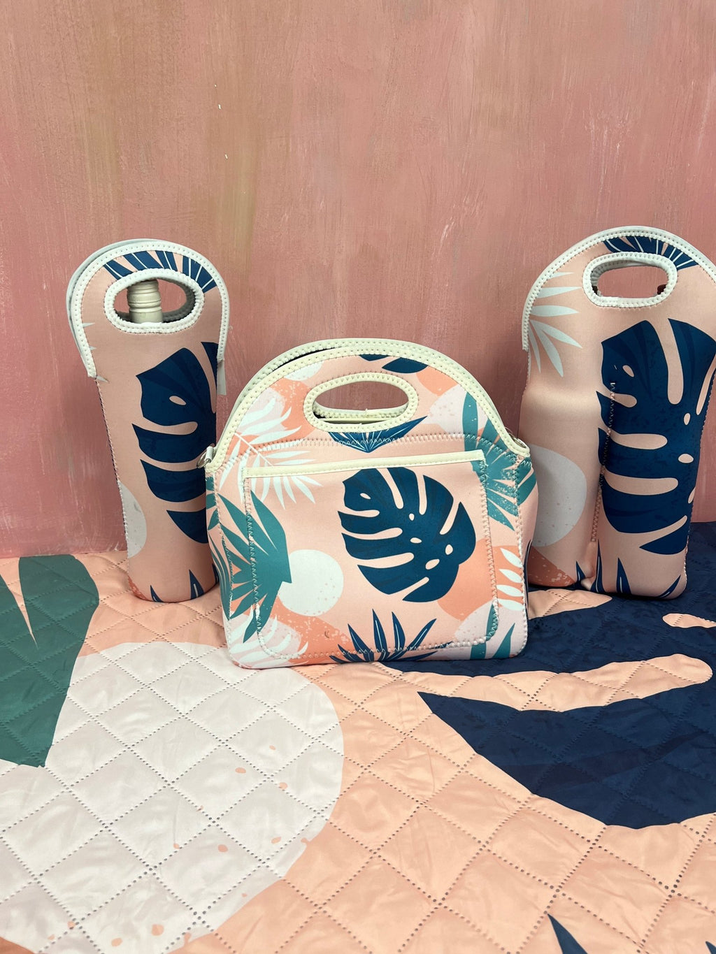 Blush Palm Neoprene Double Bottle Holder Bag