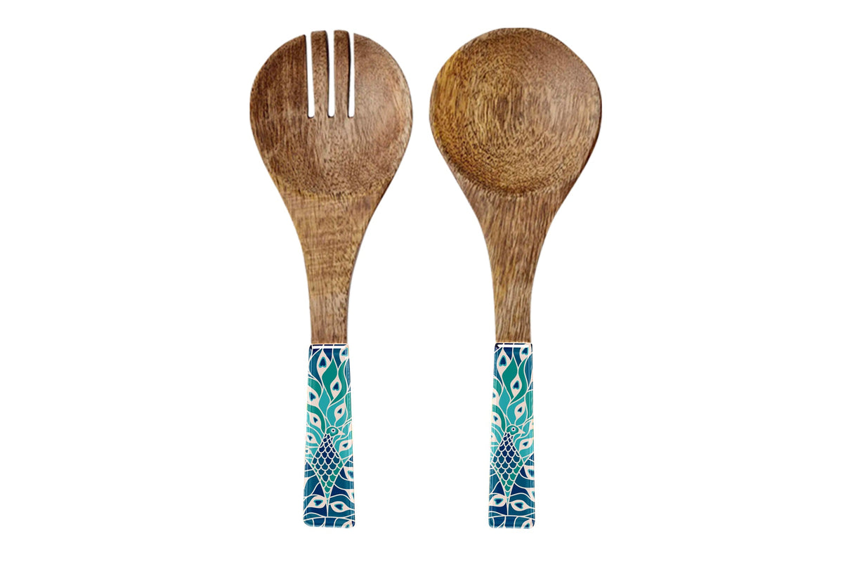 Peacock Paradise 2pc Mango  Salad Servers 24cm - Wood & Enamel