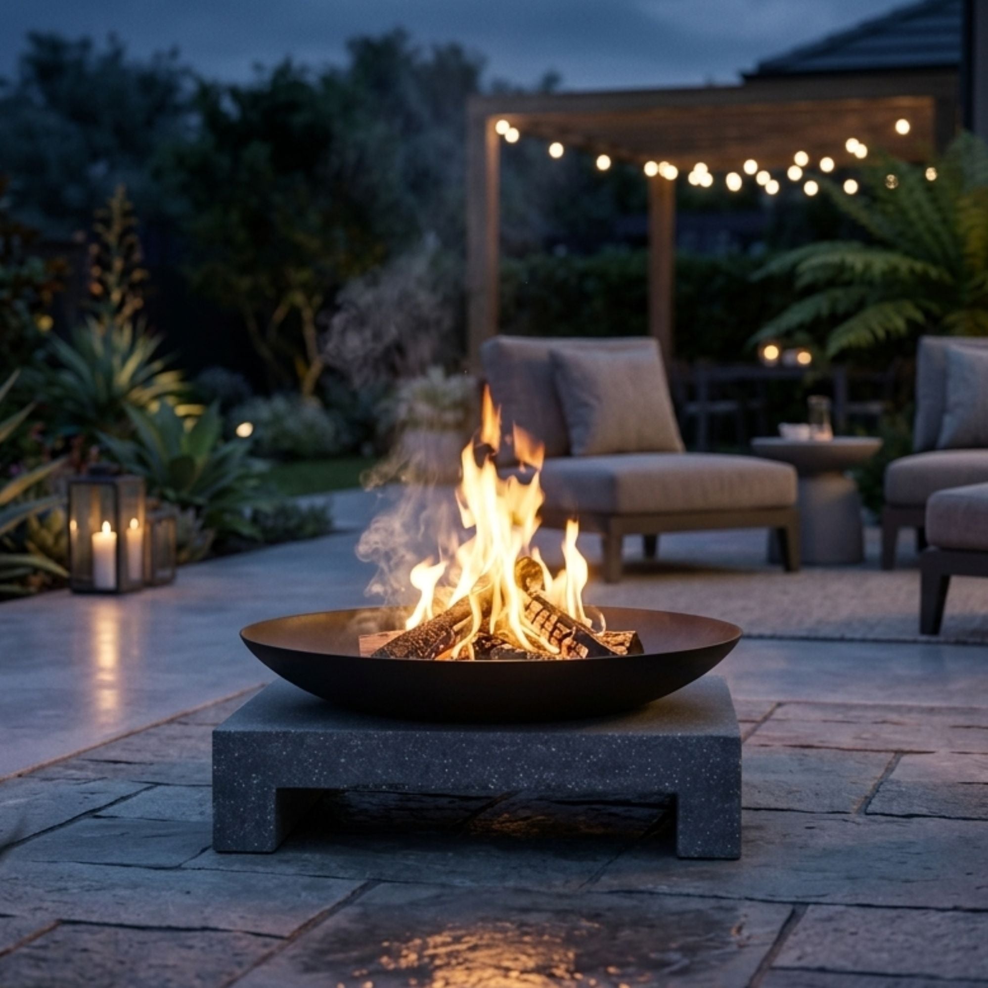 Ignite Heavy-duty Granito Square Stone Base Fire Pit/Planter with 59cm Bowl