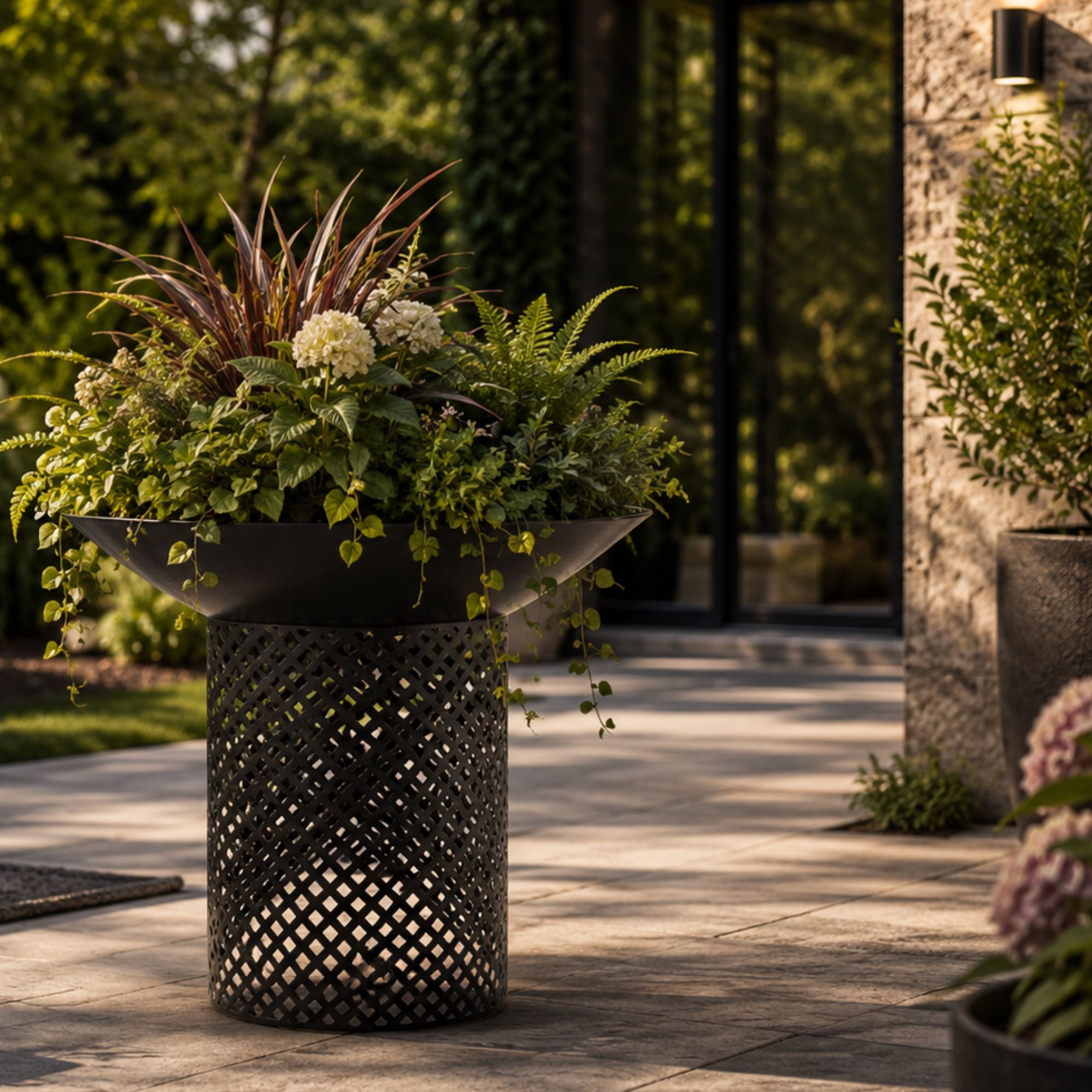 Ignite 56cm Black Steel Round Firepit Planter with Mesh Stand