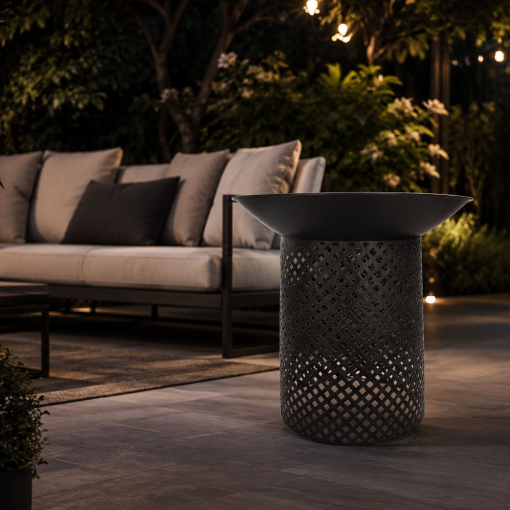 Ignite 56cm Black Steel Round Firepit Planter with Mesh Stand