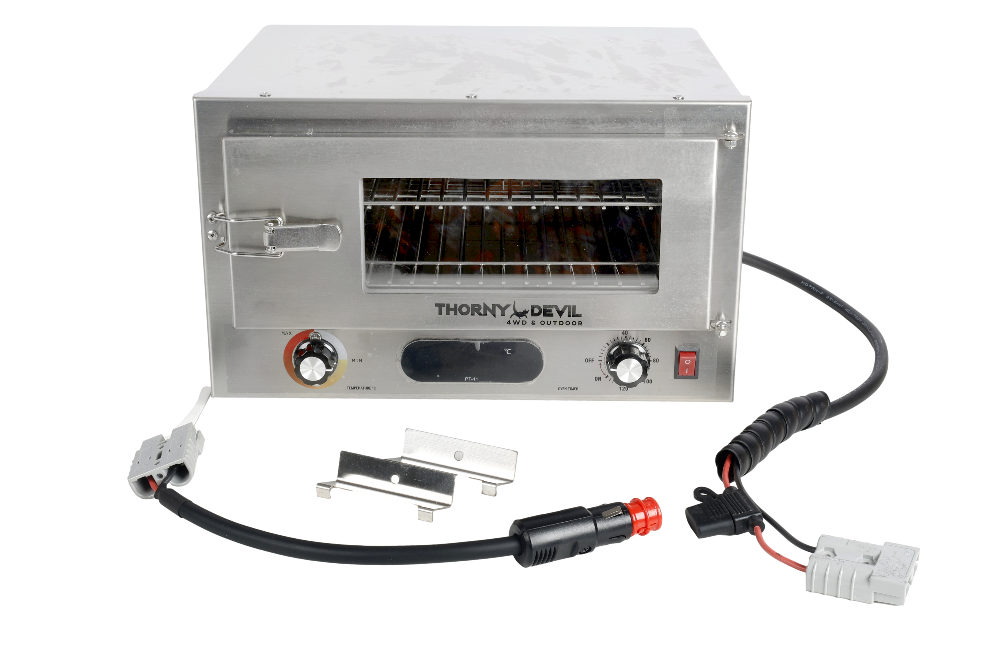 Thorny Devil™ 12V Digital Camping 4WD Travel Oven with Digital Thermometer, Timer, Internal Light, Removable Shelves, Mounting Brackets (Stainless Steel Casing & Fibreglass Insulation)
