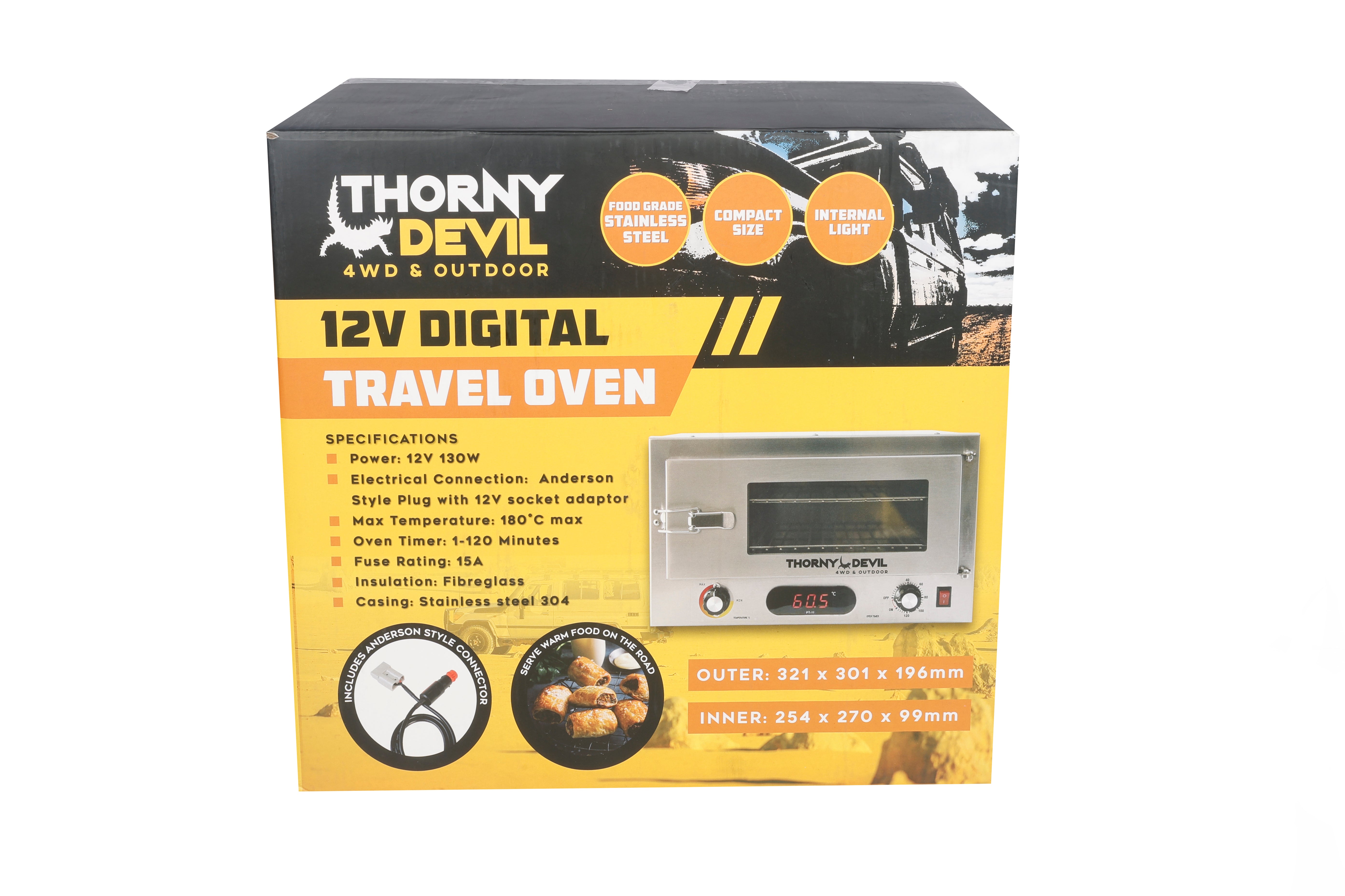 Thorny Devil™ 12V Digital Camping 4WD Travel Oven with Digital Thermometer, Timer, Internal Light, Removable Shelves, Mounting Brackets (Stainless Steel Casing & Fibreglass Insulation)