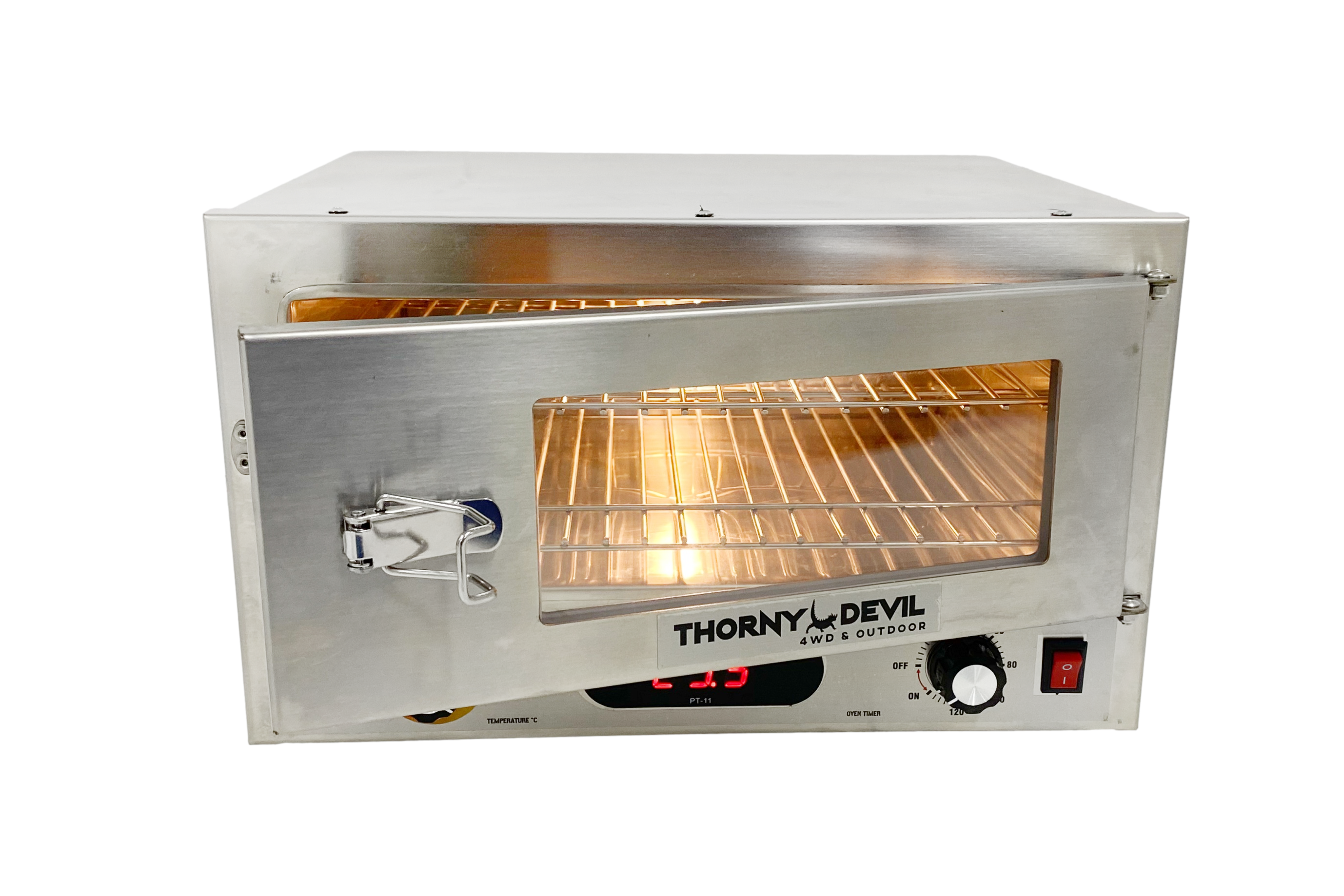 Thorny Devil™ 12V Digital Camping 4WD Travel Oven with Digital Thermometer, Timer, Internal Light, Removable Shelves, Mounting Brackets (Stainless Steel Casing & Fibreglass Insulation)