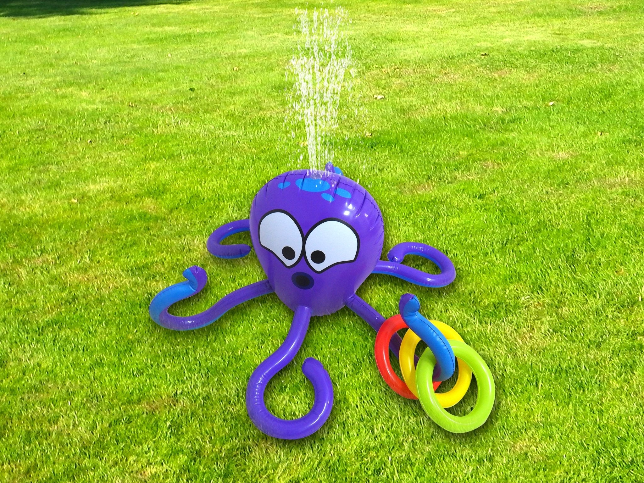 Inflatable Octopus Sprinkler & Tossing Game, 4 Inflatable Rings and Hose Connector - Ages 3+
