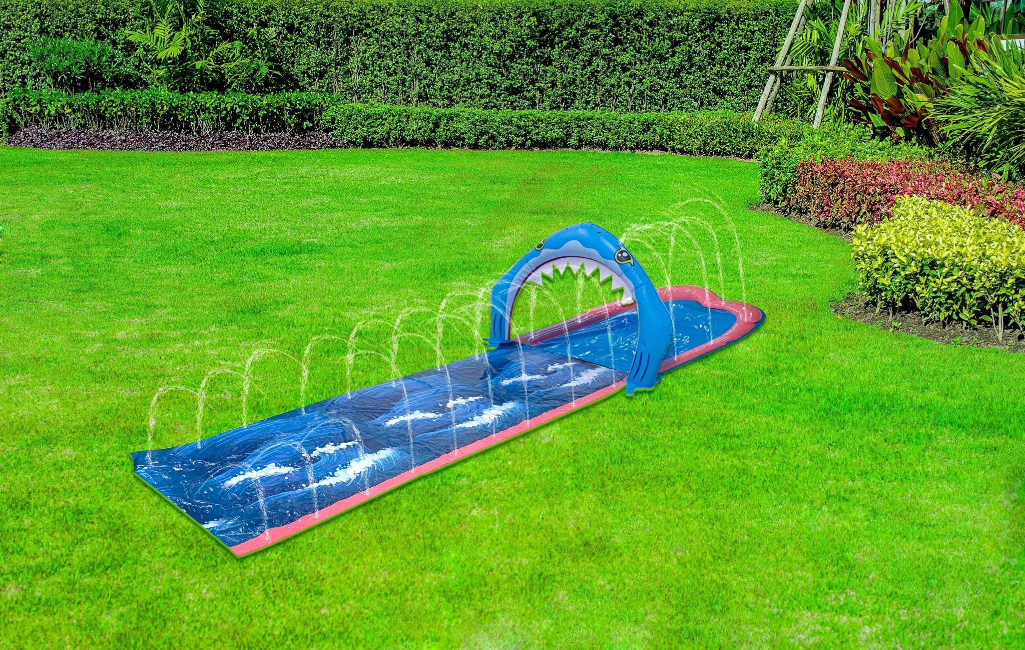Shark Slip and Slide Water Game 4m, Sprays Water, Connects to Hose Ages 5-14yrs