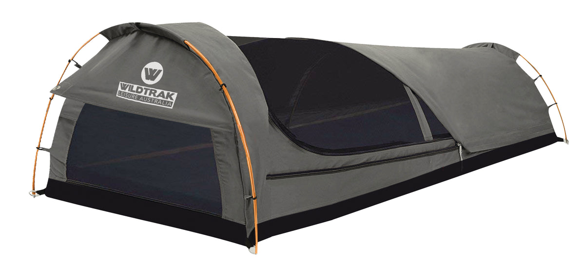 Double Trakker Easy Setup Swag 420gsm Heavy Duty Ripstop Canvas, Ultra Fine Mesh, Aluminium Poles, High Density Foam Mattress, Weatherproof, Durable, Carry Bag with Handles 145x210cm
