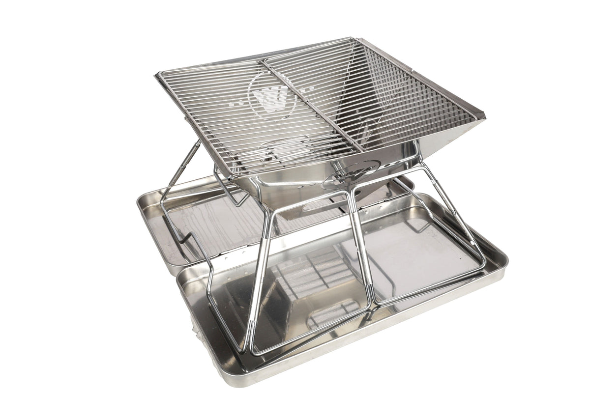 Frontier Heavy Duty Stainless Steel 39cm Folding BBQ Firepit with Adjustable Grill includes Canvas Storage Carry Bag with Handles
