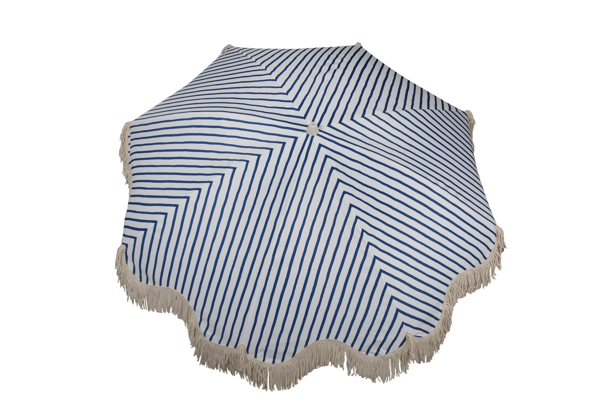 Mediterranean 1.75m Premium 100% Canvas Beach Umbrella, UV50+, Wood Pole, Cotton Tassels, Tilting Mechanism, Sand Screw