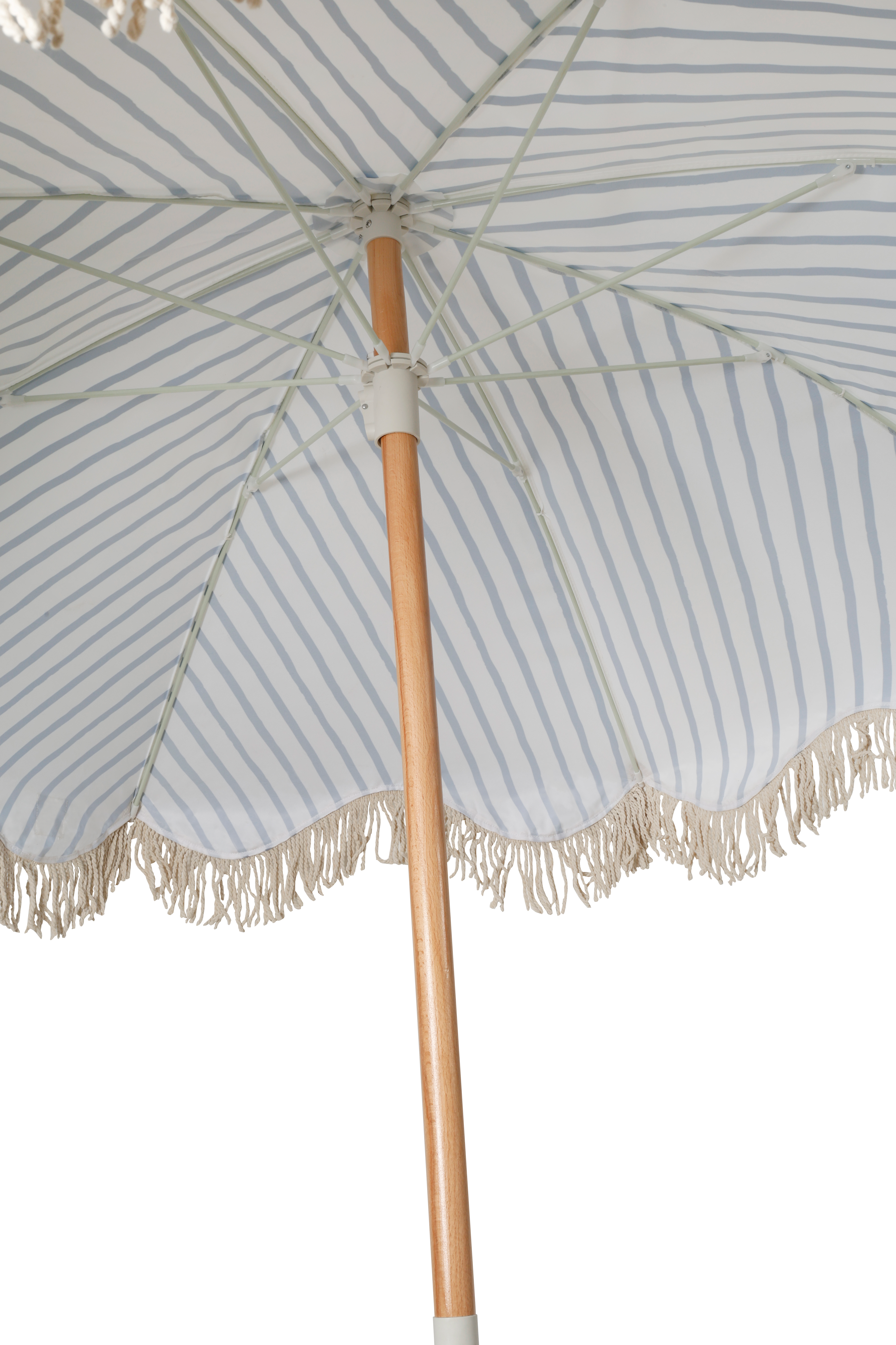 Mediterranean 1.75m Premium 100% Canvas Beach Umbrella, UV50+, Wood Pole, Cotton Tassels, Tilting Mechanism, Sand Screw
