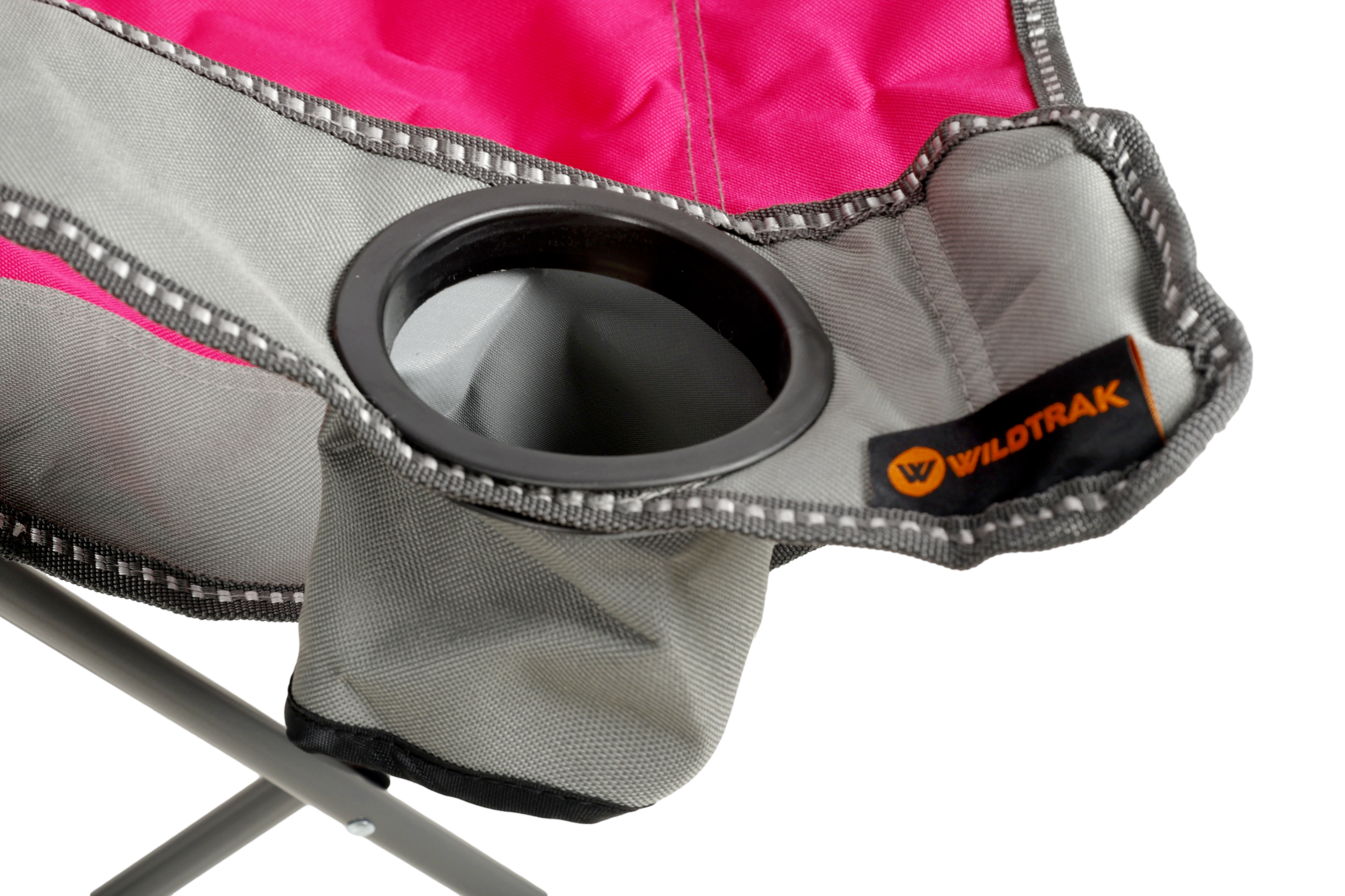 WILDTRAK™ KIDS Pink/Grey Foldable Camp Chair, Easy Clean Fabric, Drink Holder, Locking Device to Secure Legs into Place, Weight Rated 100kg, Carry Bag with Shoulder Strap