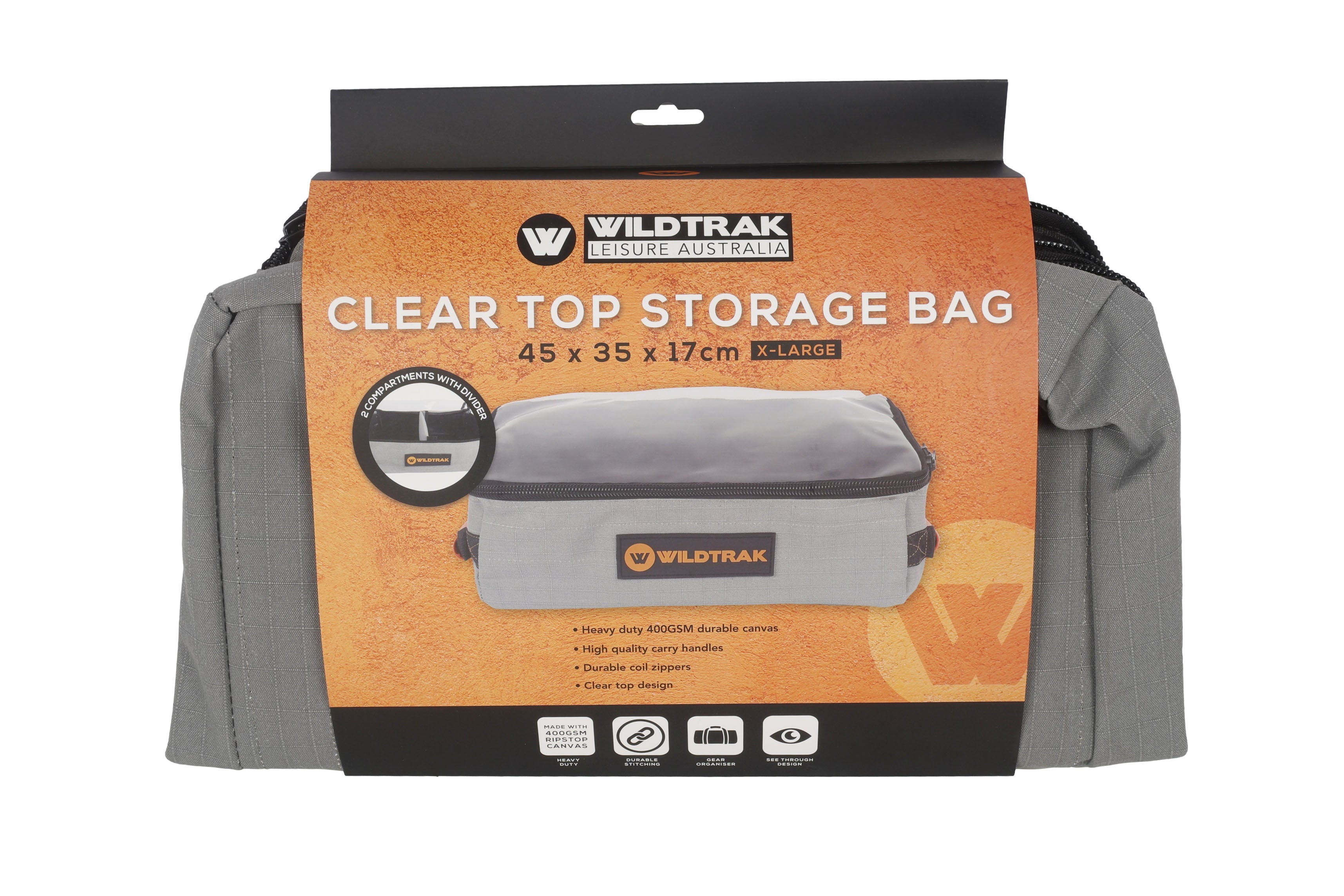 Wildtrak canvas bag packaging showing product label and storage details.