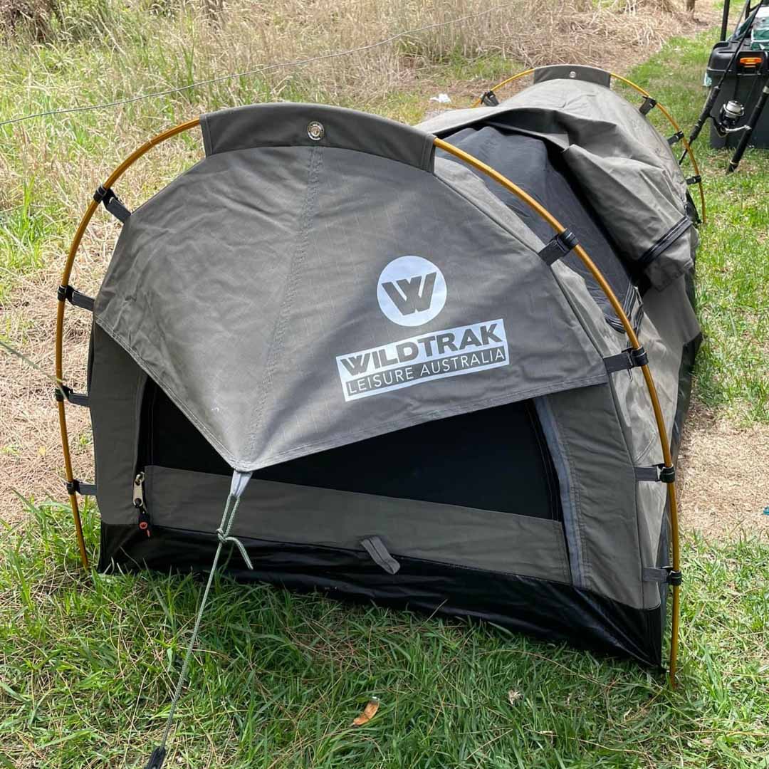 Durable swag tent setup by Wildtrak Leisure Australia for rugged outdoor camping.
