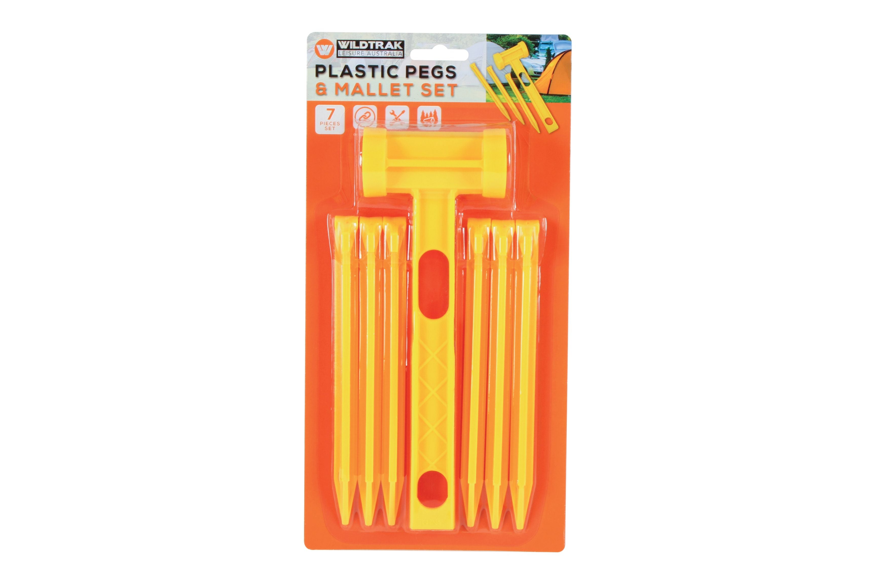 6 PLASTIC PEGS AND MALLET SET