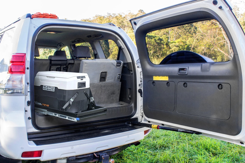 Car Fridge/Freezer Slide, Powder Coated, High Strength Bearing Drawer extends 100% from Base, 2 Straps included, Max Weight 125kg