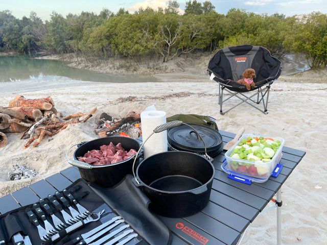 Wildtrak™ 4pc Camp Oven Set - 9 Quart Heavy Duty Pre-Seasoned Round Cast Iron Camp Oven, Lid Lifter, Wire Trivett and Canvas Carry Bag