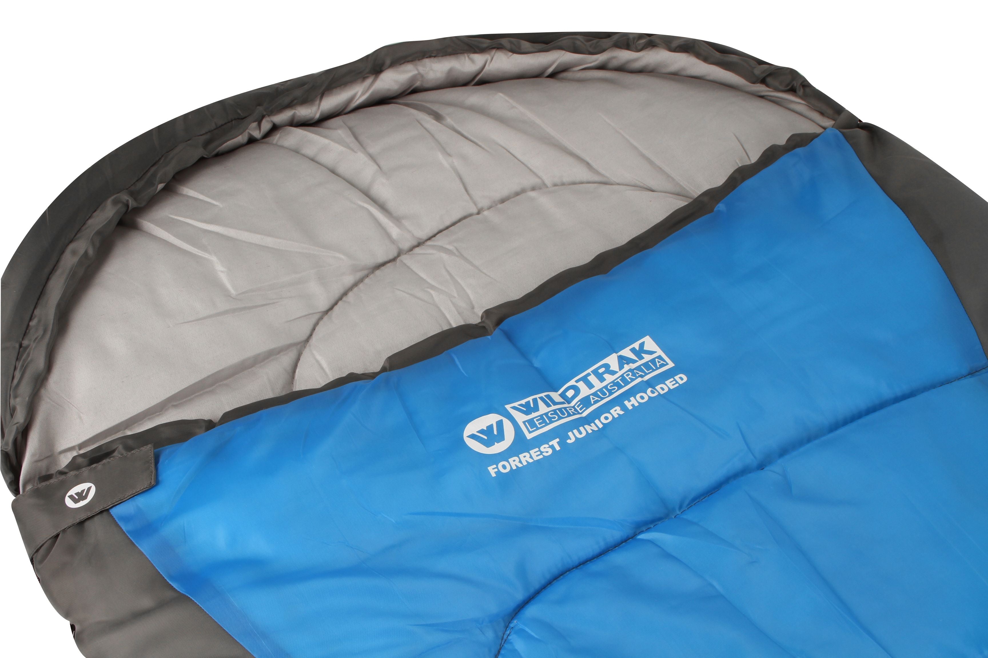 Wildtrak™ Forrest KIDS Youth Hooded Sleeping Bag, 5-10°C, Breathable Lining, Ripstop Fabric, Auto Lock Zips, Sewn-in Storage Pocket, Hanging Loop, Storage Bag, 65x205cm