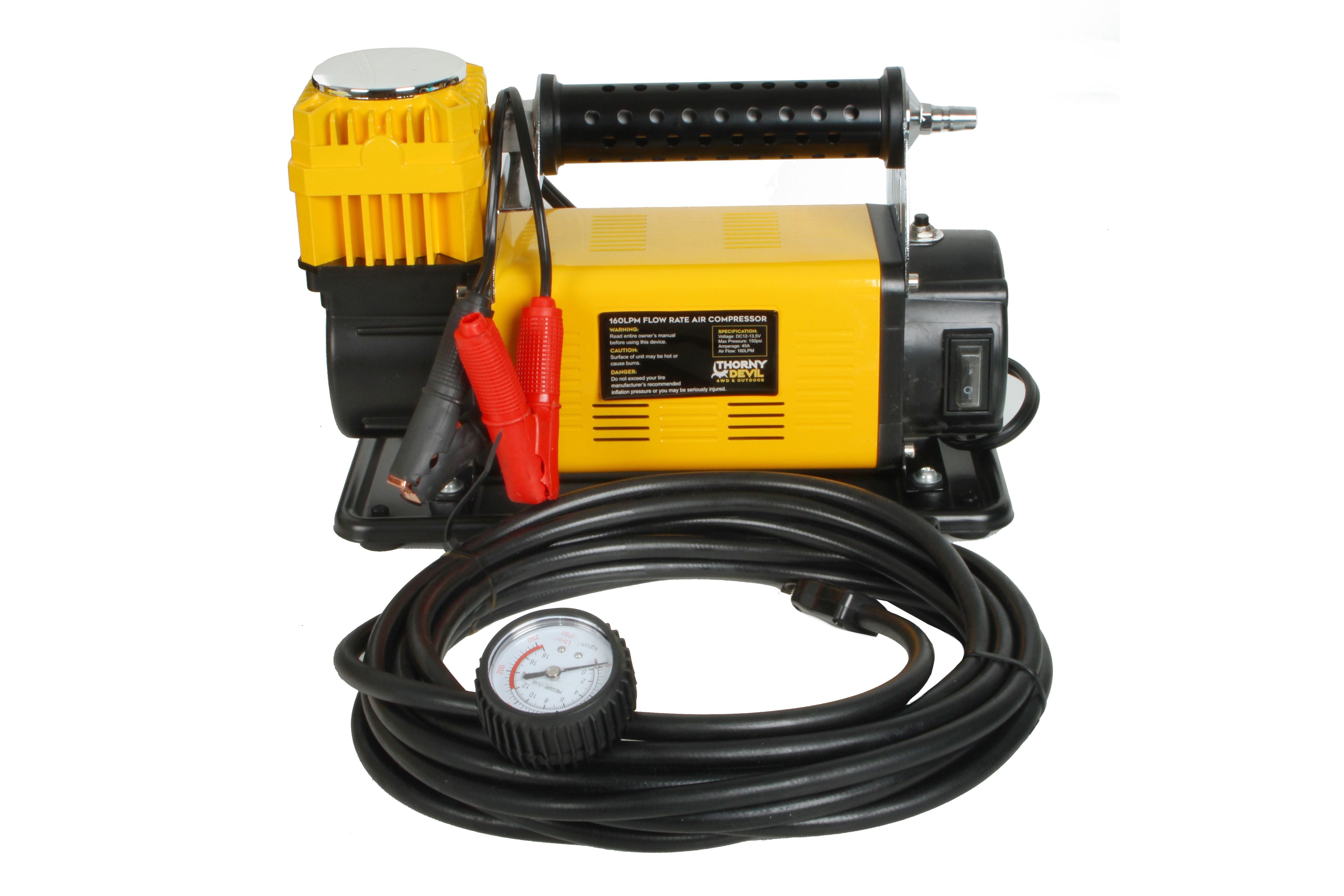160LPM Flow Rate Air Compressor, 12V DC Power, Max Pressure 150 PSI, 2.4m Fused Leads with Battery Clamps, 3 Accessory Adaptors, 60mm cylinder, 8m Rubber Hose and Carry Bag