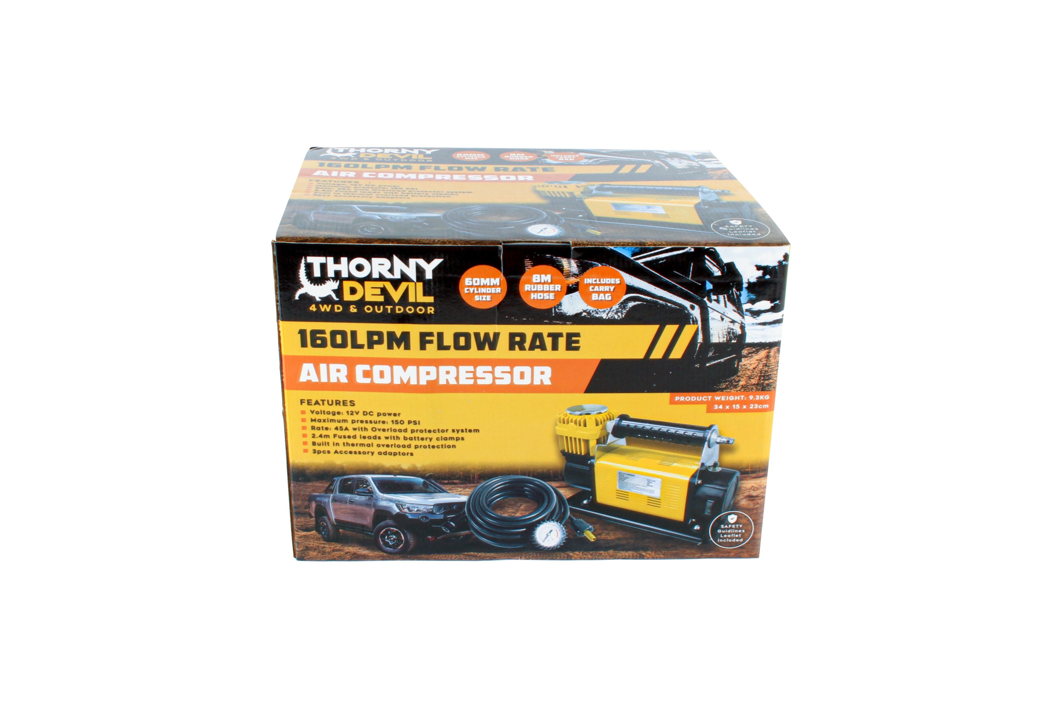 160LPM Flow Rate Air Compressor, 12V DC Power, Max Pressure 150 PSI, 2.4m Fused Leads with Battery Clamps, 3 Accessory Adaptors, 60mm cylinder, 8m Rubber Hose and Carry Bag